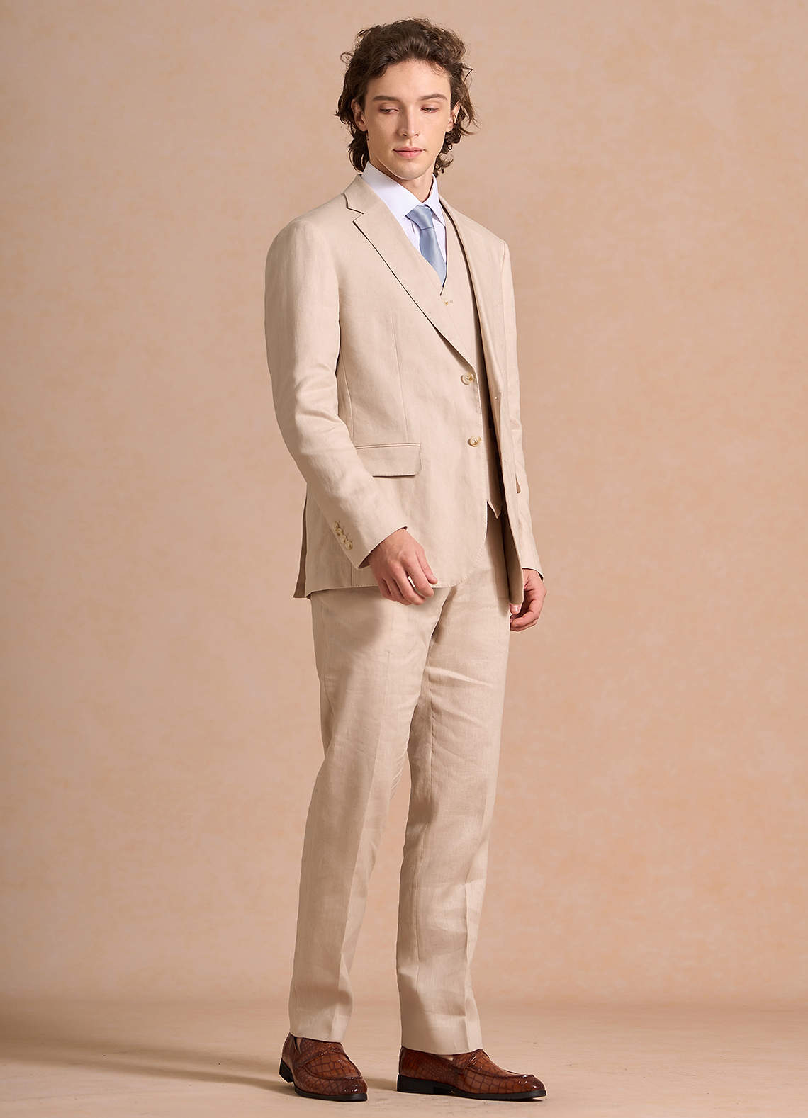 front Harrison Tan 100% Linen 3-Piece Suit