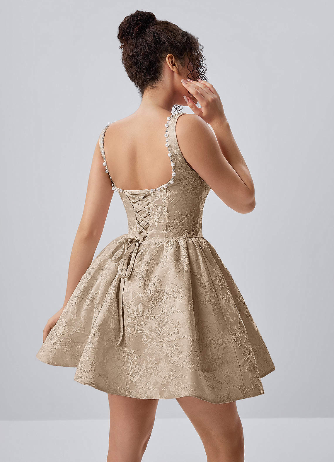 Phinsera Light Apricot Jacquard Corset Lace-up Back Mini Dress