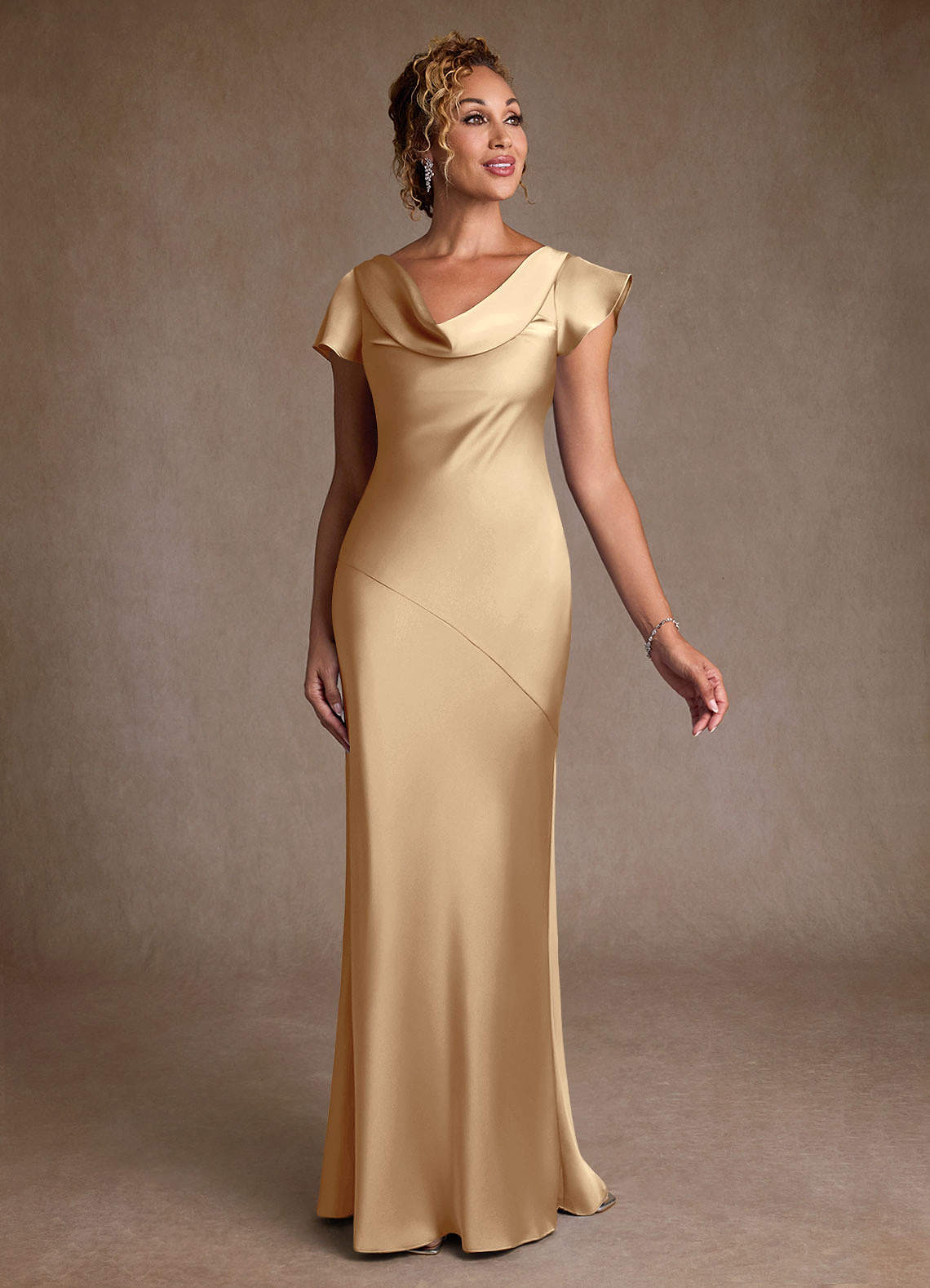 Azazie Shelby Mother of the Bride Dresses Champagne Mermaid Pleated Stretch Satin Dress image2