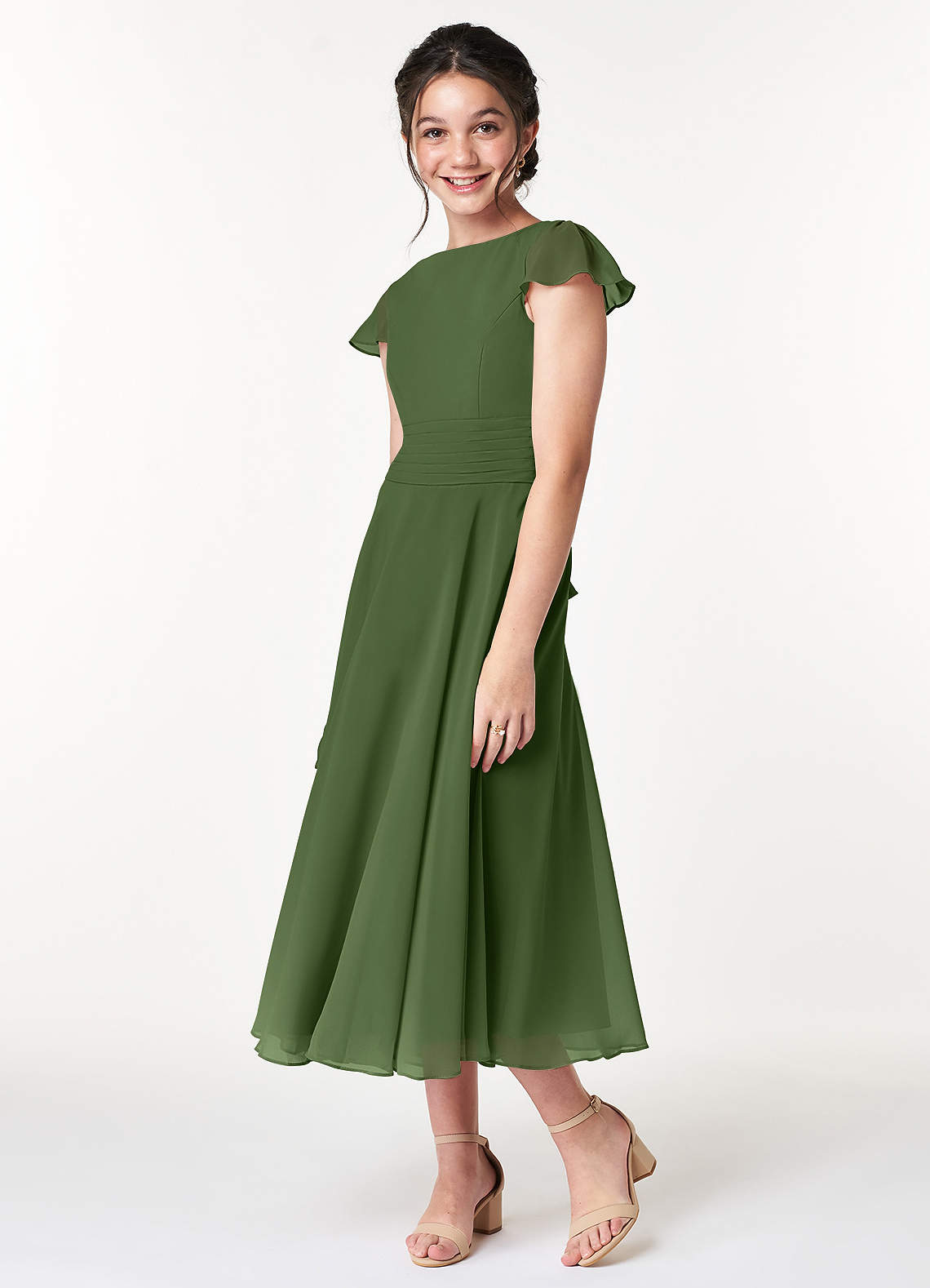 Azazie A-Line/Princess Scoop Neck Tea-Length Chiffon Junior Bridesmaid Dresses - Olive