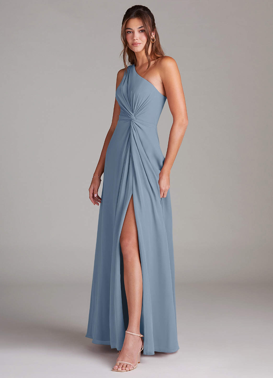 Azazie Brooke Bridesmaid Dresses Dusty Blue A-Line One Shoulder Chiffon Dress image4