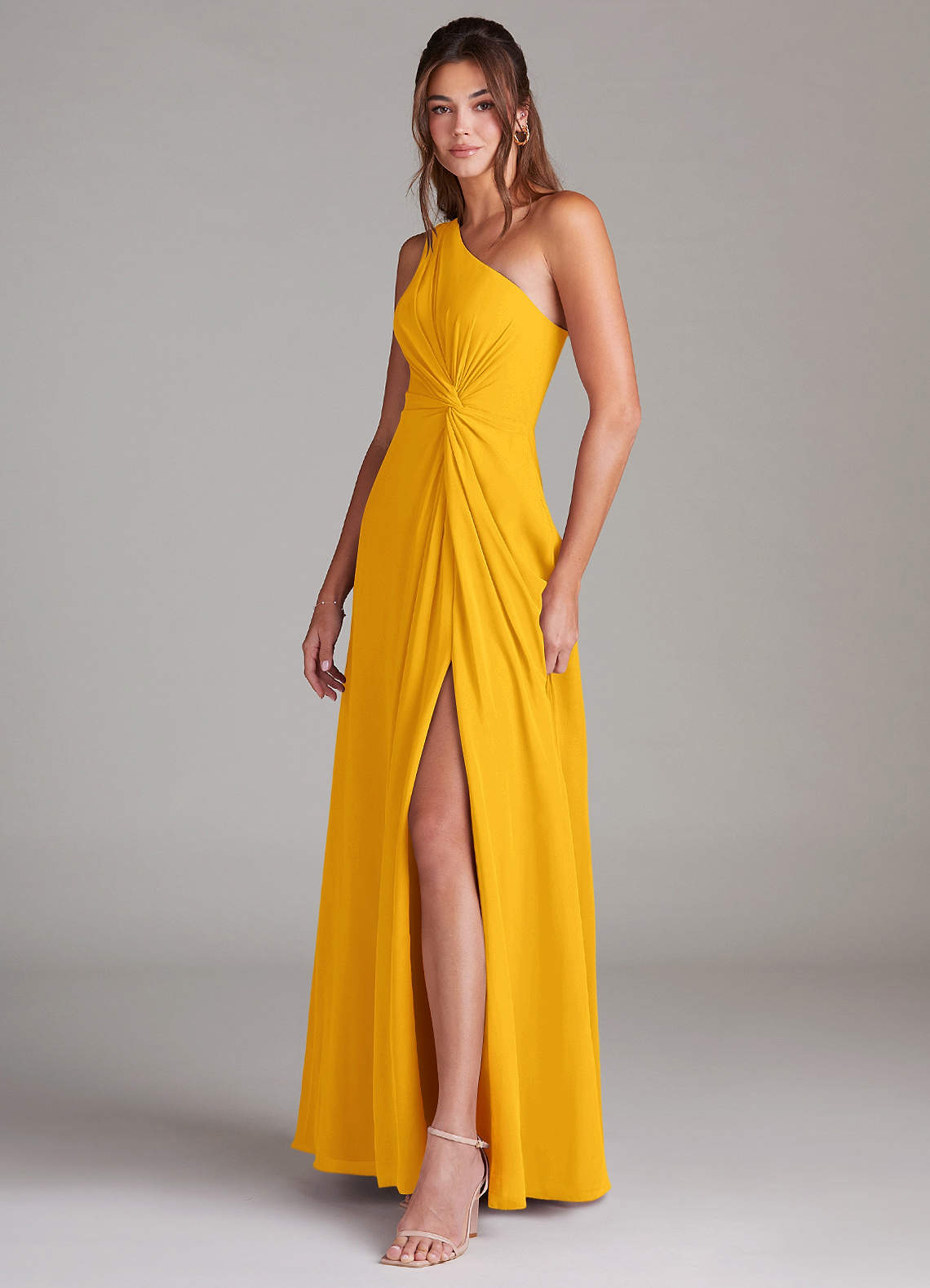 Azazie Brooke Bridesmaid Dresses Marigold A-Line One Shoulder Chiffon Dress image4