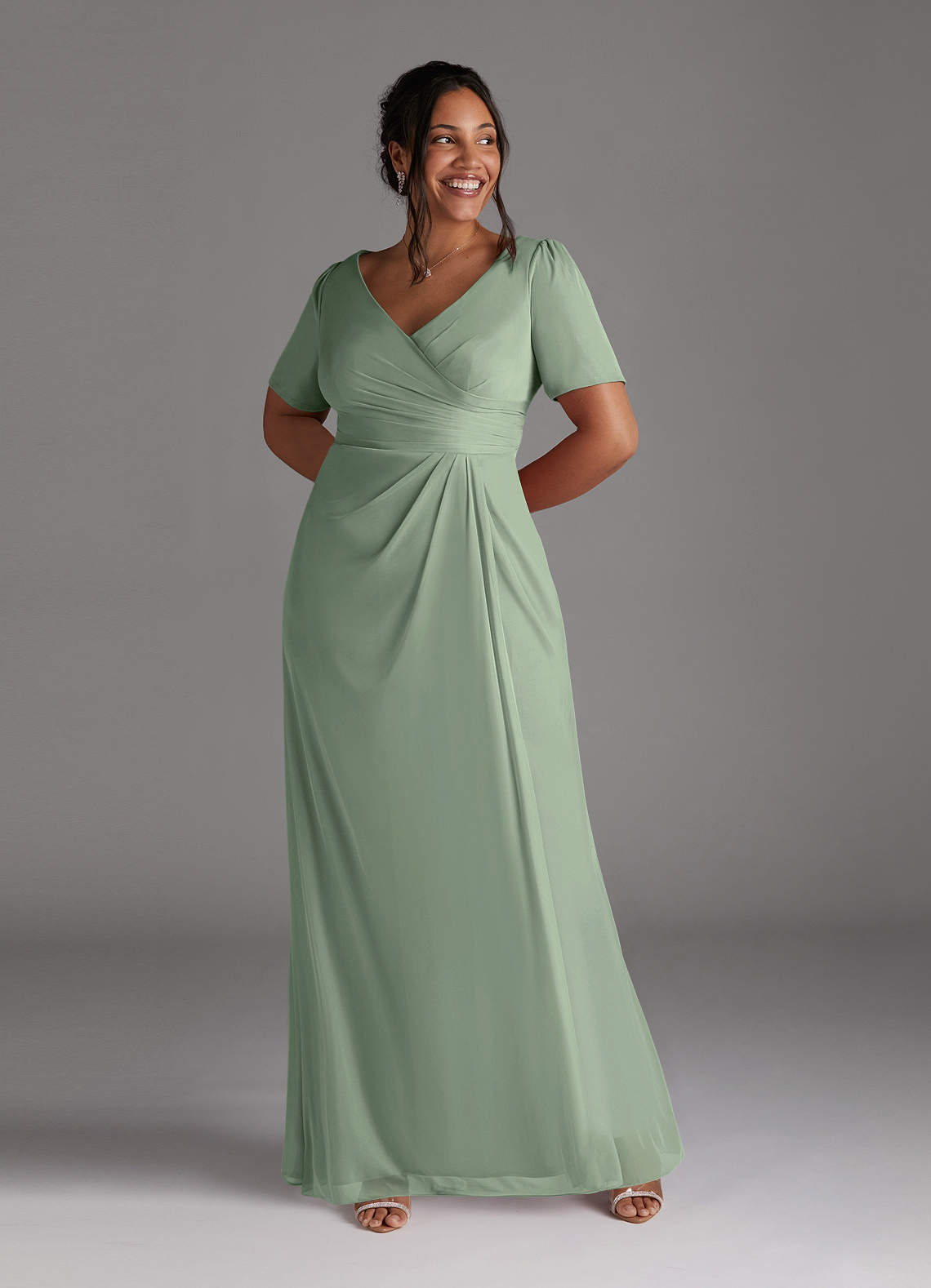 Azazie Bessie Final Sale Dusty Sage A-Line Pleated Mesh Dress image1