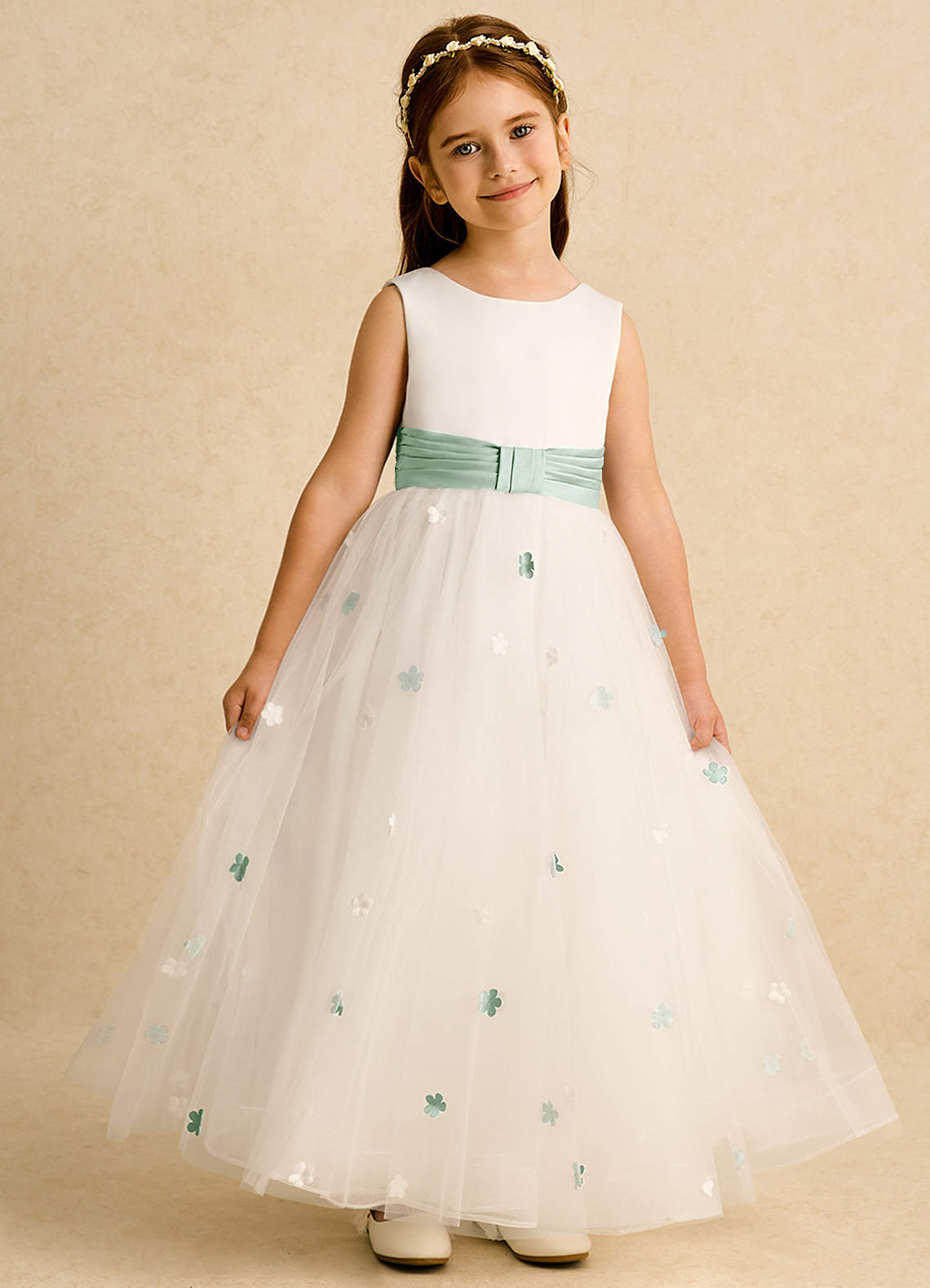 Azazie Cricket vestidos de niña de las flores Vestido de Marfil Agave de Satin Mate de Princesa con Plisado image1