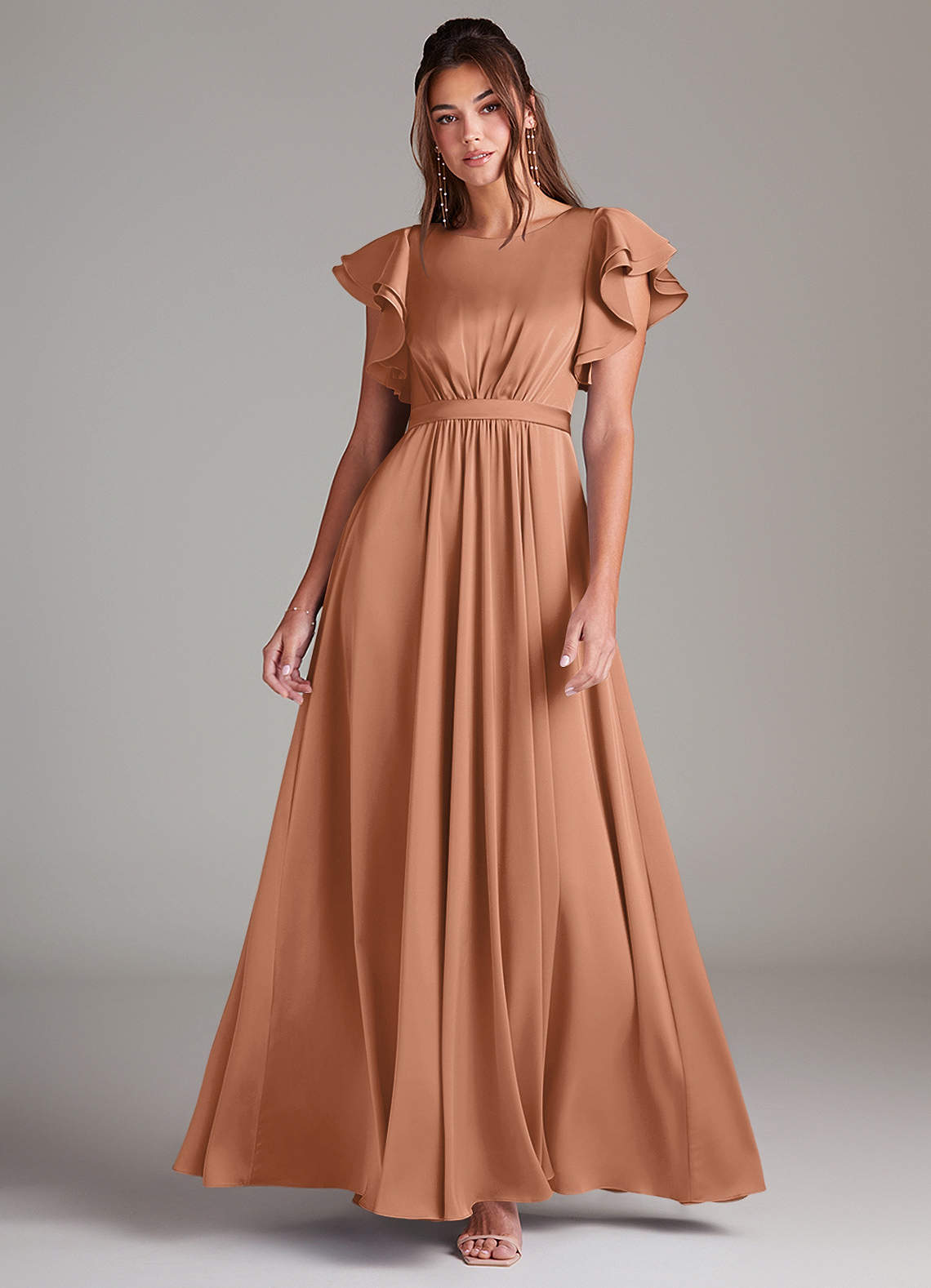Azazie Daphne Modest Bridesmaid Dresses A-Line Ruched Stretch Satin Floor-Length Dress image1