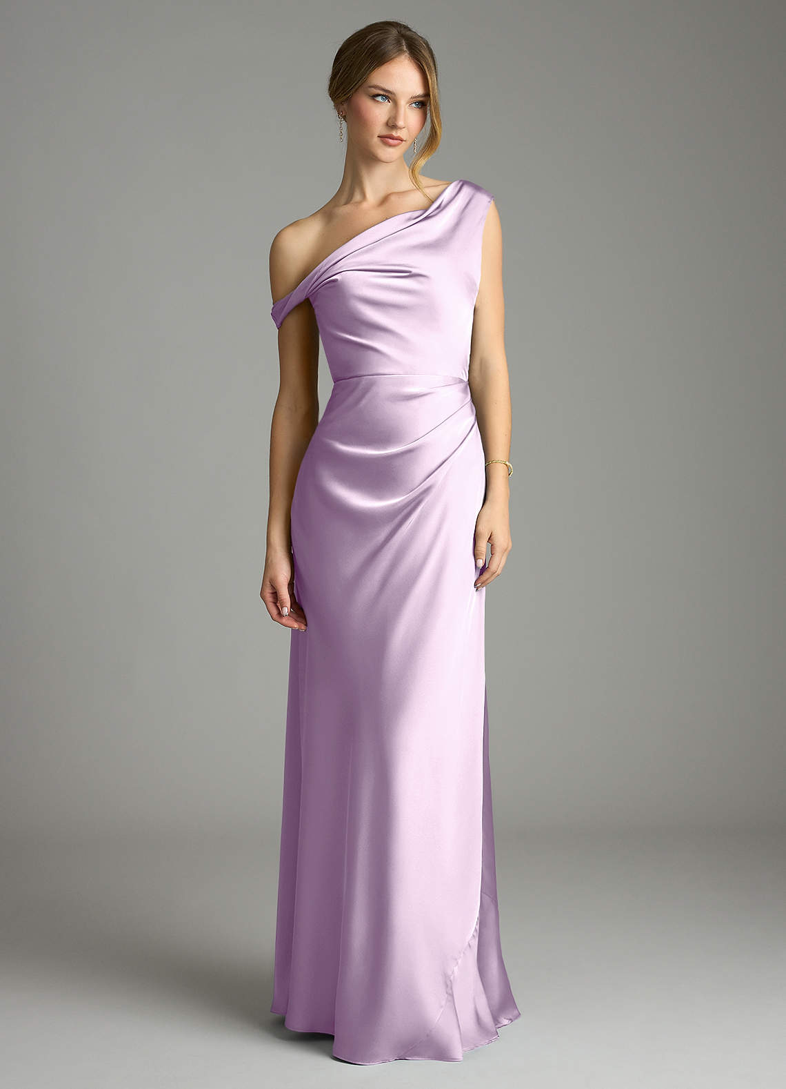 Azazie Emerson Bridesmaid Dresses Frosted Lilac Mermaid Off the Shoulder Stretch Satin Dress image2