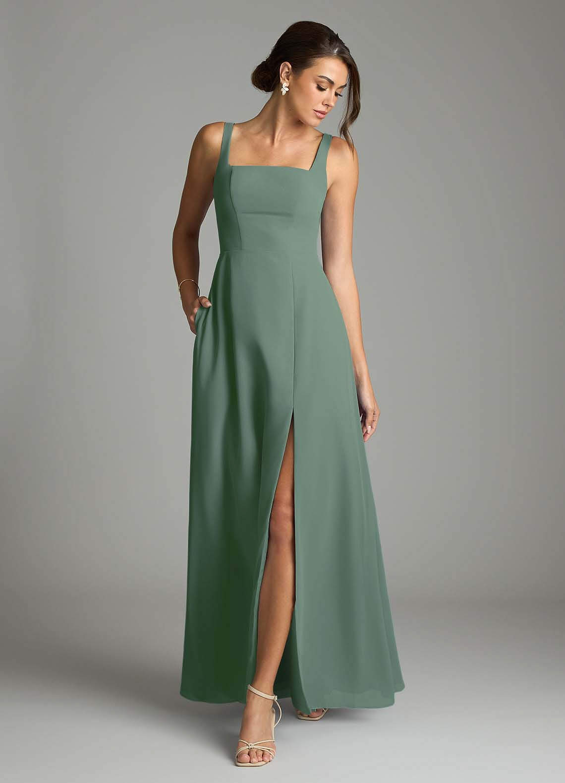 Azazie Debra Bridesmaid Dresses Eucalyptus A-Line with Pockets Chiffon Convertible Dress image3