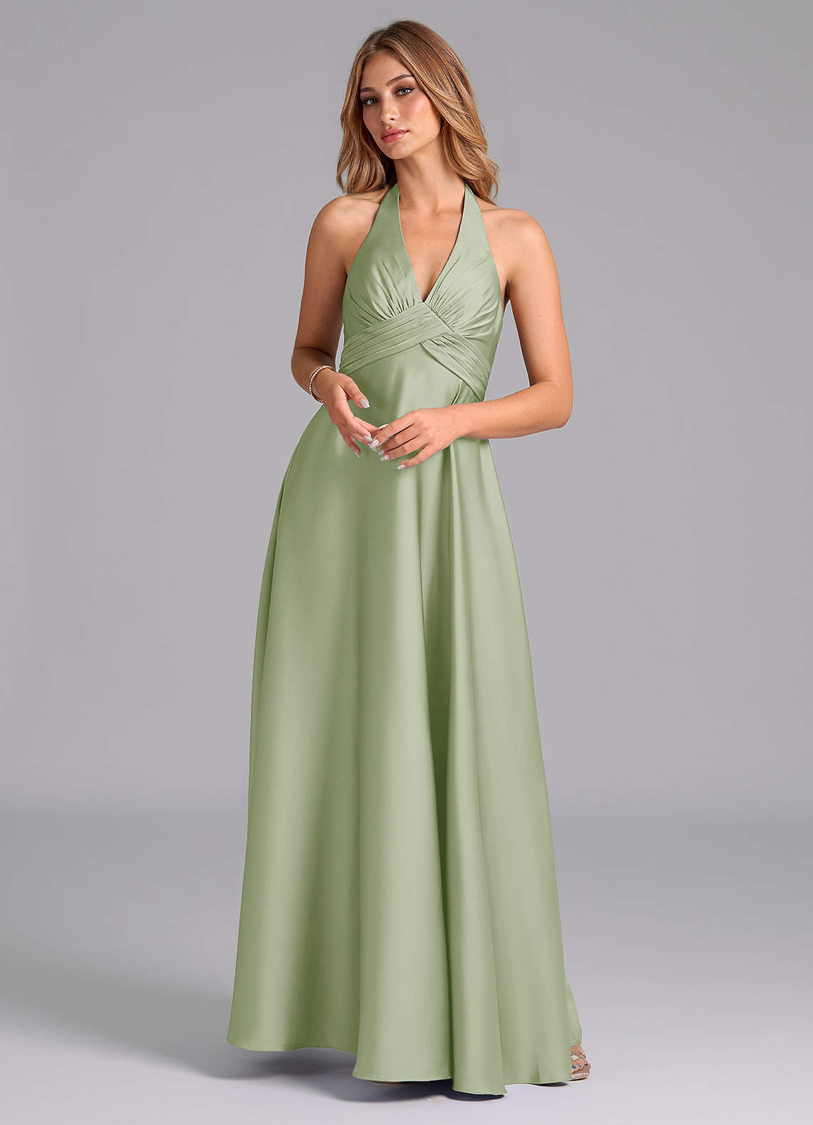 Azazie Tessie Bridesmaid Dresses Dusty Sage A-Line Pleated Stretch Satin Dress image1