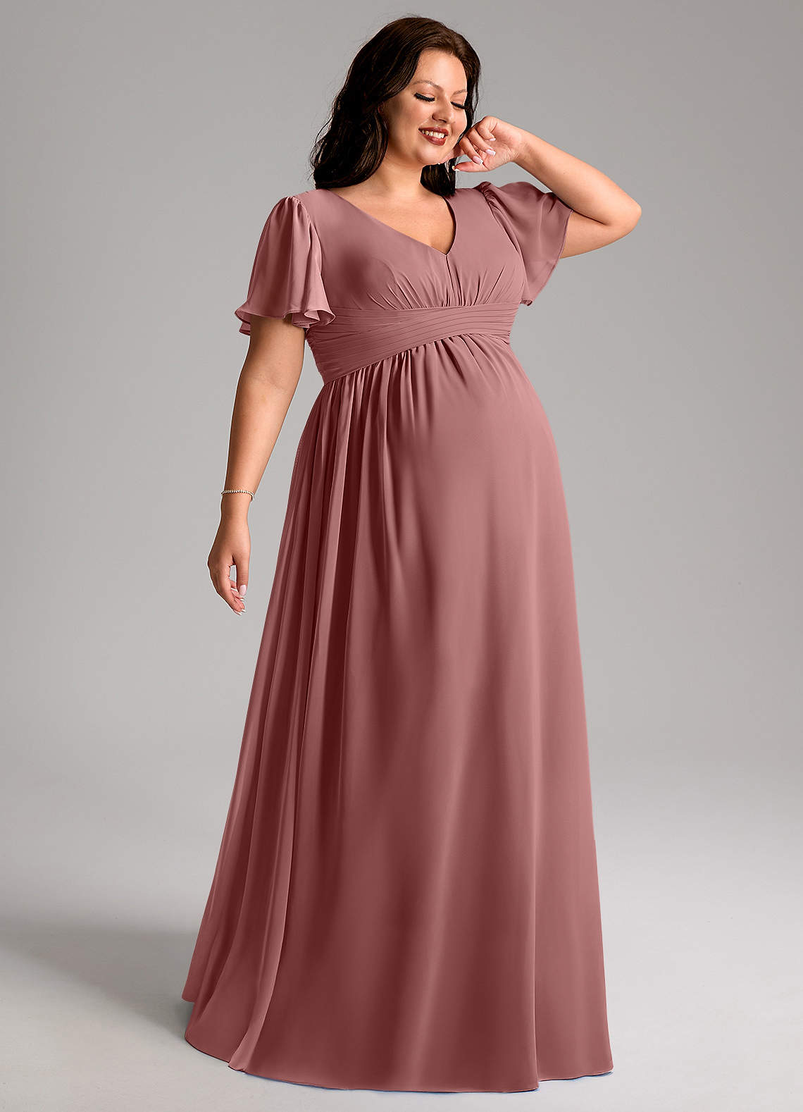 Azazie Verna Maternity Bridesmaid Dresses A-Line V-Neck Ruched Chiffon Floor-Length Dress image1