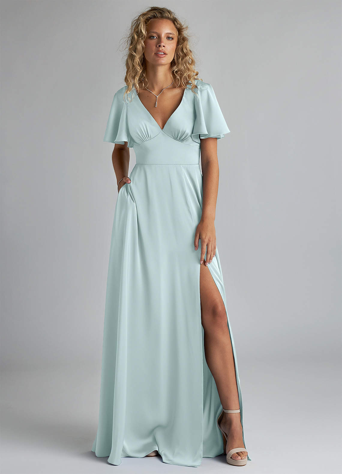 Azazie Kimber Bridesmaid Dresses Sea Glass A-Line Ruched Stretch Satin Dress image1