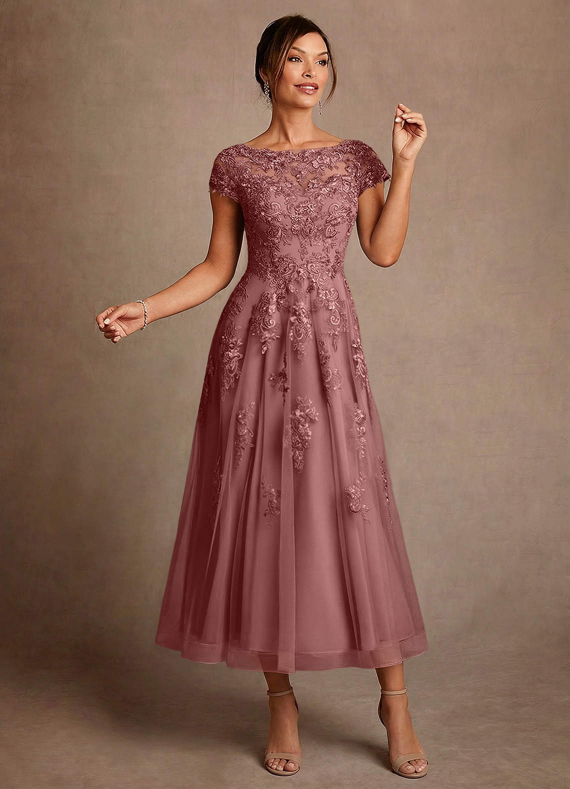 Azazie Jolanda vestidos de madre de la novia Vestido de Rosa Del Desierto de Encaje de Corte en A image2