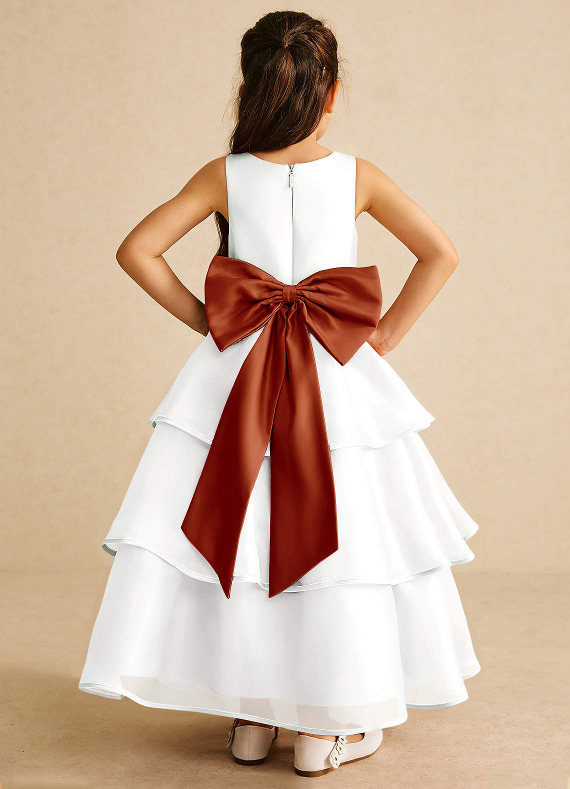 Azazie Sweetums Flower Girl Dresses Ivory Paprika A-Line Bow Organza Dress image1