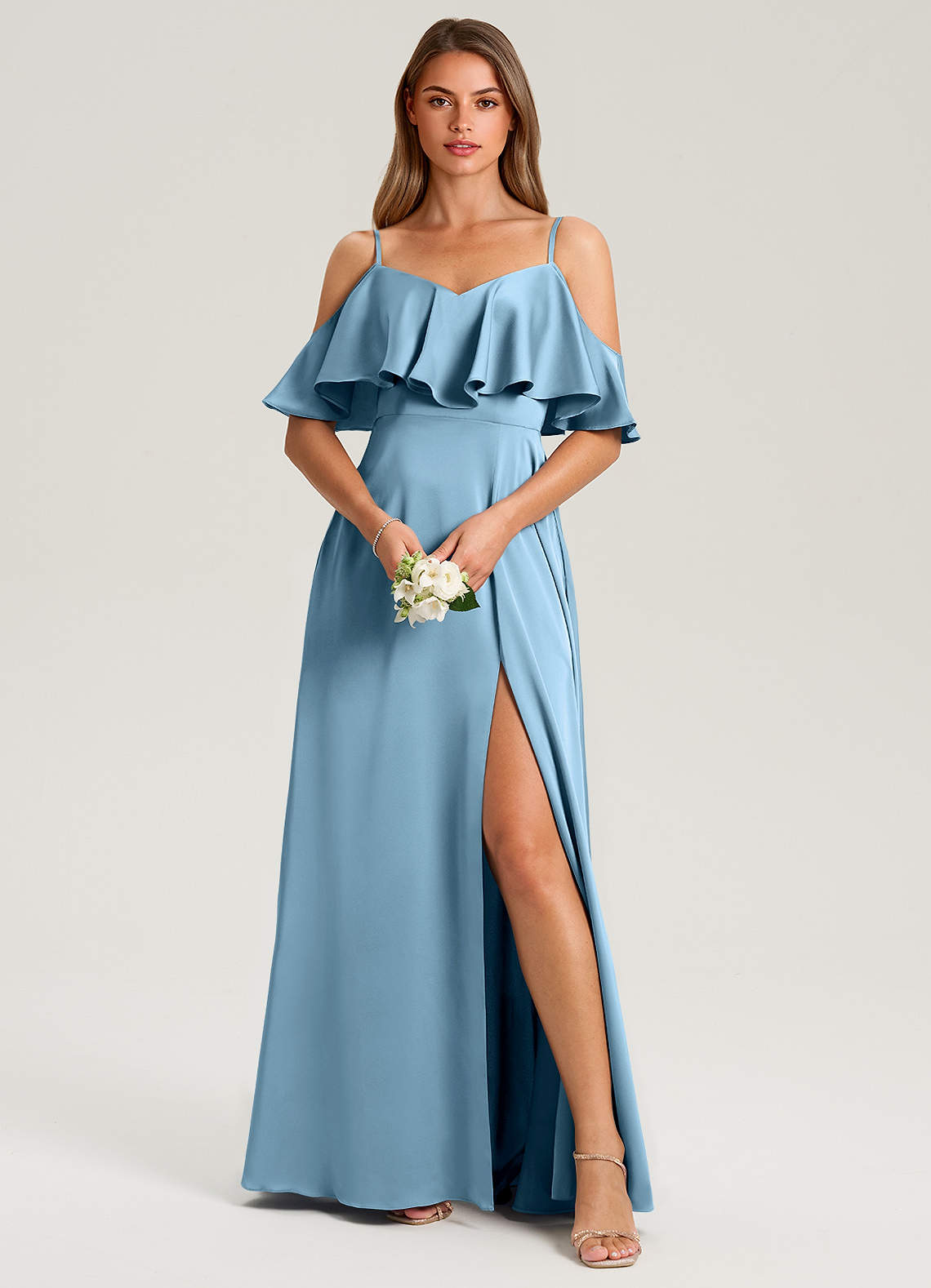 Azazie Jean Bridesmaid Dresses Steel Blue A-Line Off the Shoulder Stretch Satin Dress image1