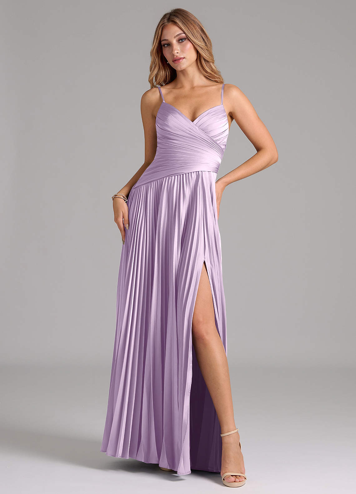 Azazie Vini Jurken voor bruidsmeisjes Jurk van Stretch Satijn met A-Lijn Geplooid Frosted Lila image1