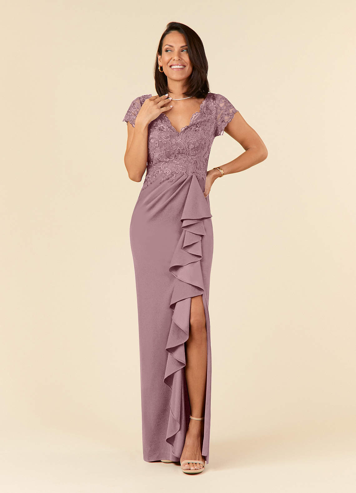 Azazie Carmen Mother of the Bride Dresses Dusty Rose Sheath Lace Dress image1