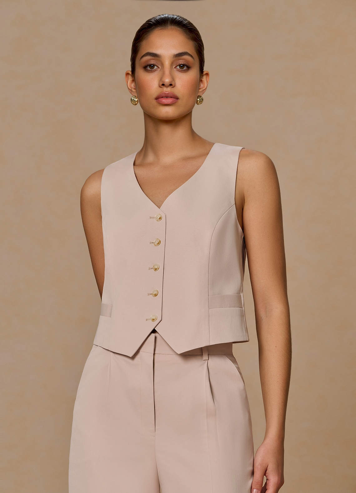 front Margaret Bronceado Chaleco de mezcla de algodón y lino