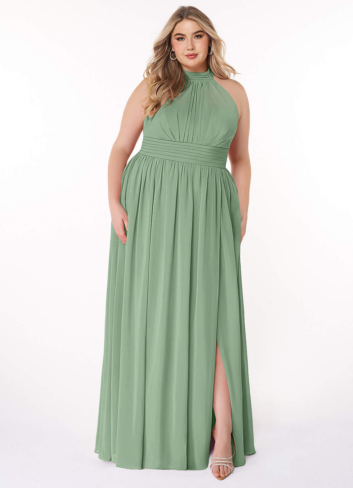 Azazie Iman Abiti da Damigella Abito A-Line in Chiffon A-Line con Increspature Matcha image1