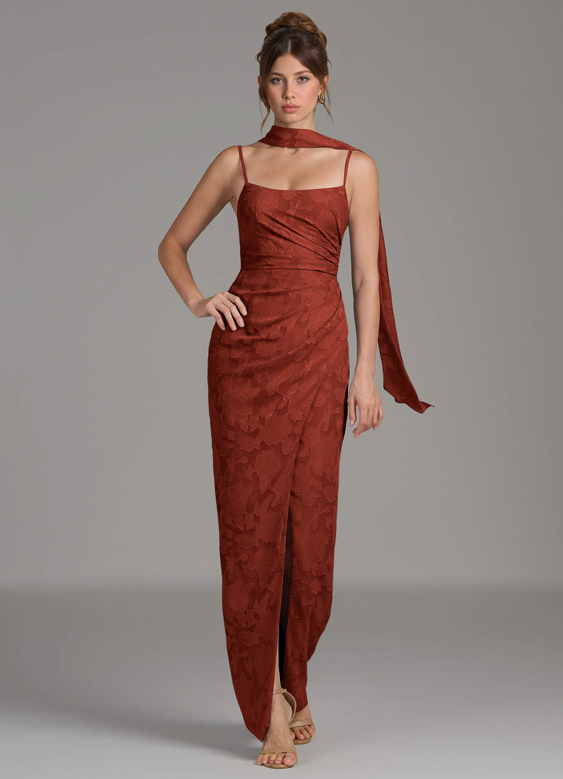 terracotta floral bridesmaid dresses Two-Toned Floral Terracotta Cowl Neck Bridesmaid Dresses