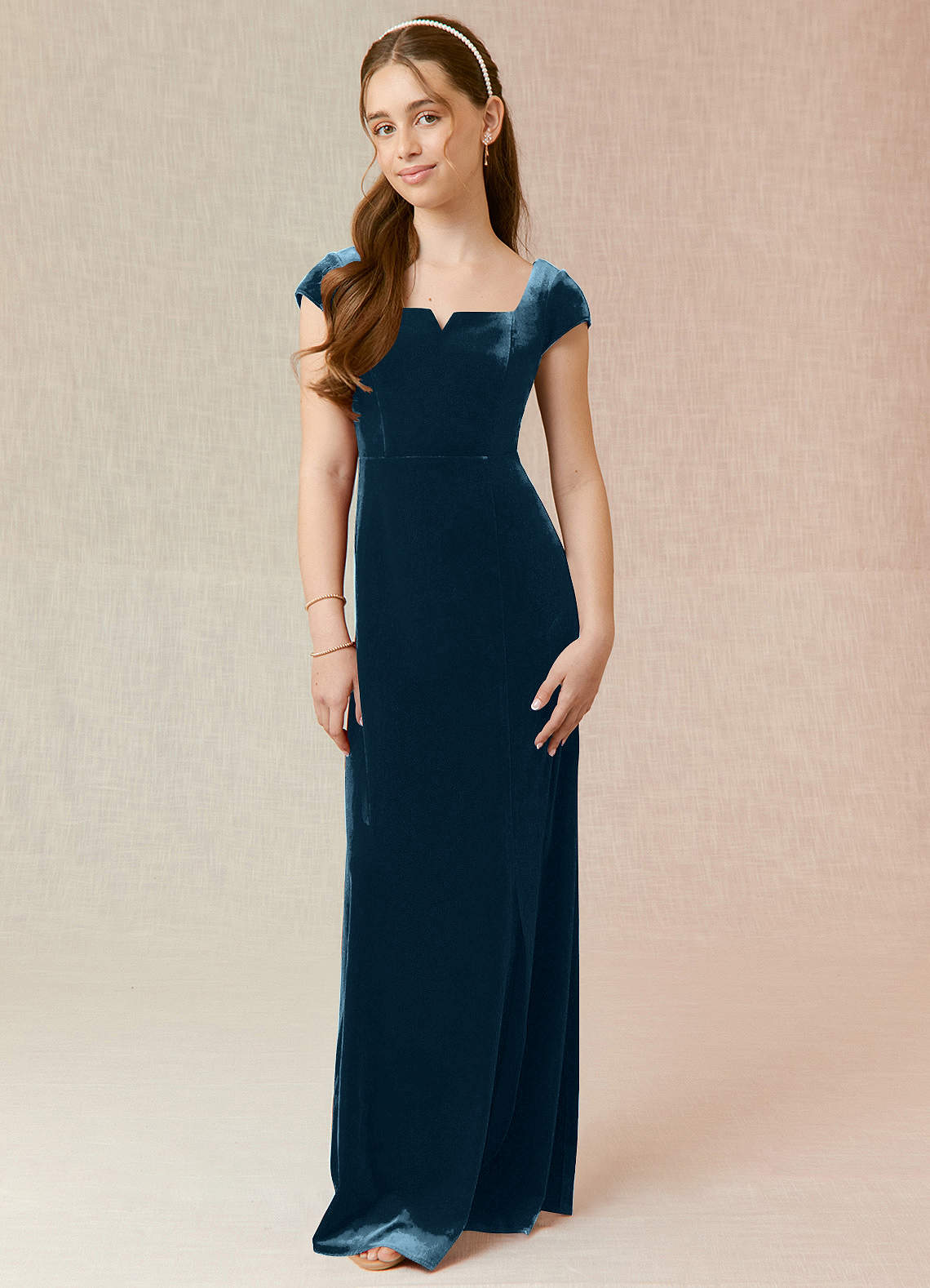 Azazie Gabi Junior Blue Topaz A-Line Velvet Dress image1