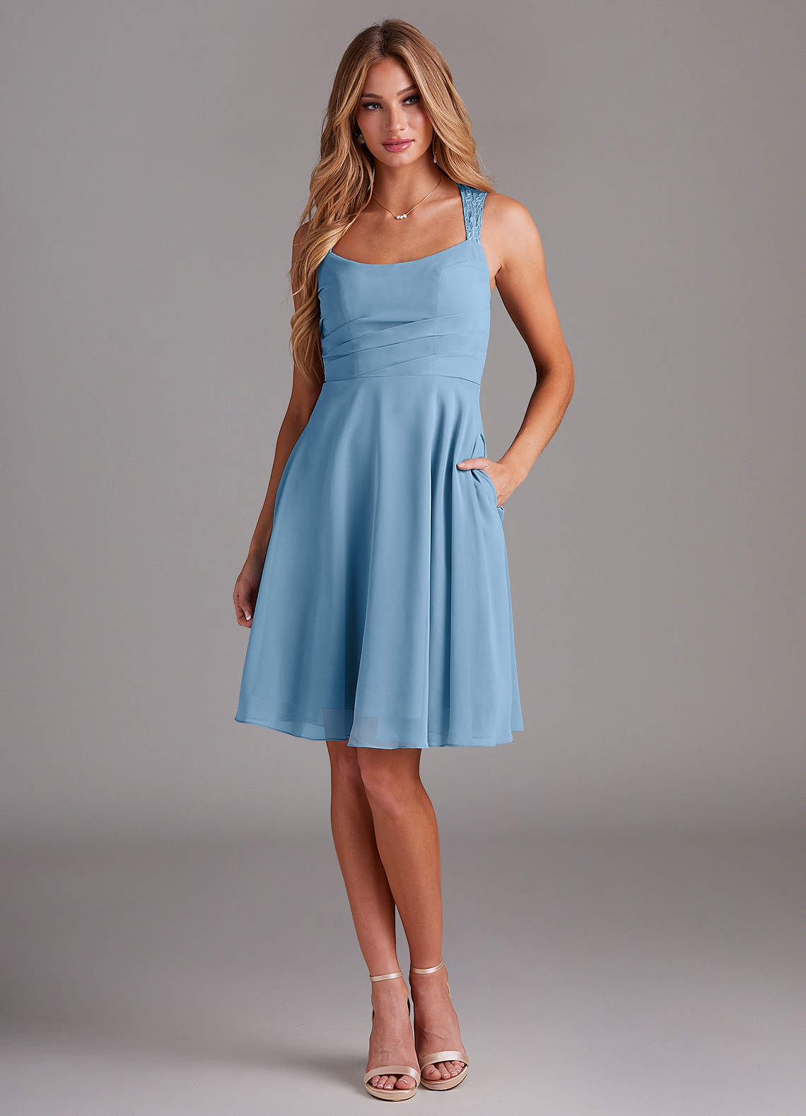 Azazie Vina Bridesmaid Dresses Steel Blue A-Line Lace Chiffon Dress image1