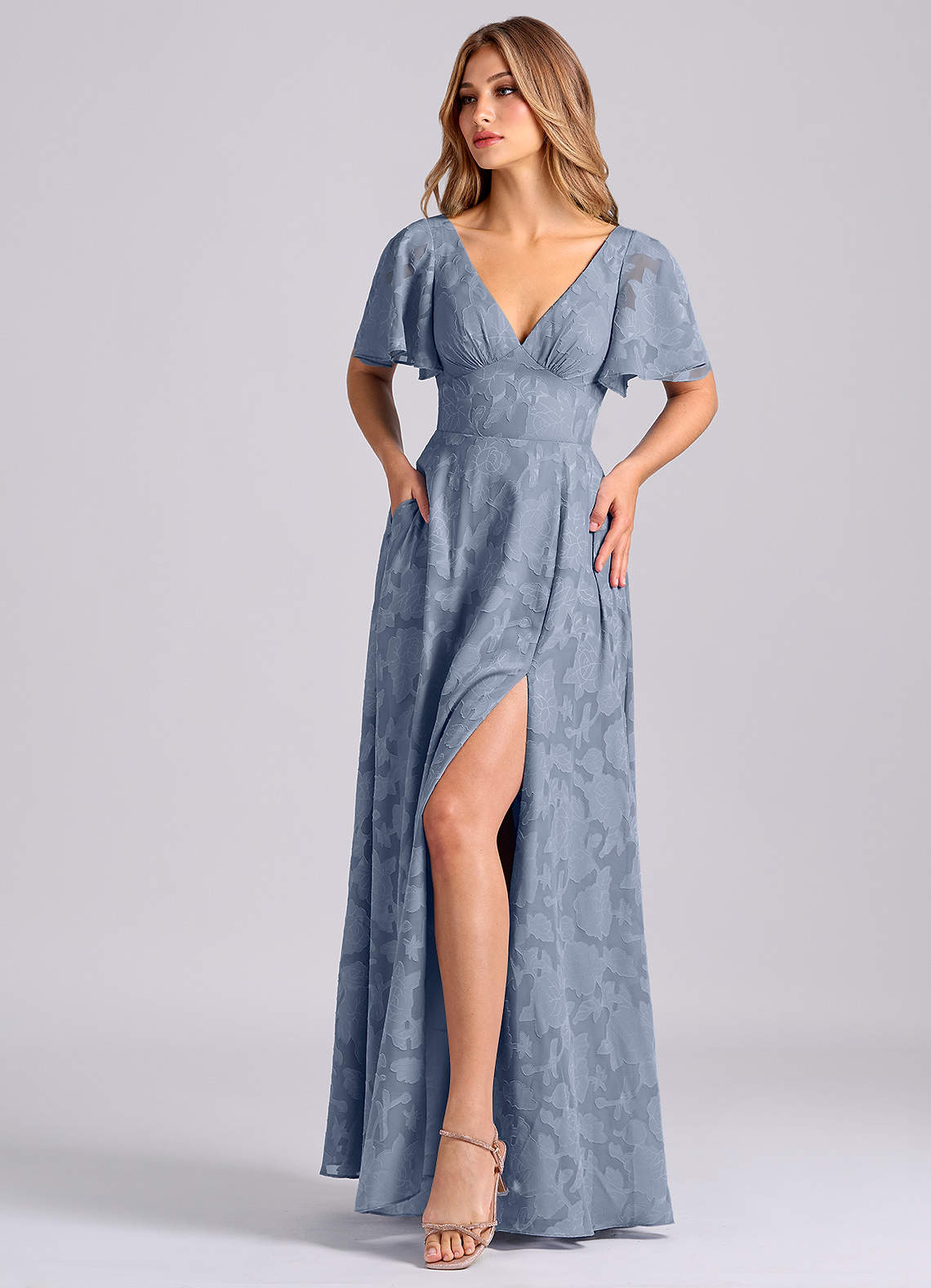 Azazie Kimber At-home Try On Dresses Dusty Blue A-Line with Pockets Floral Burnout Dress image5