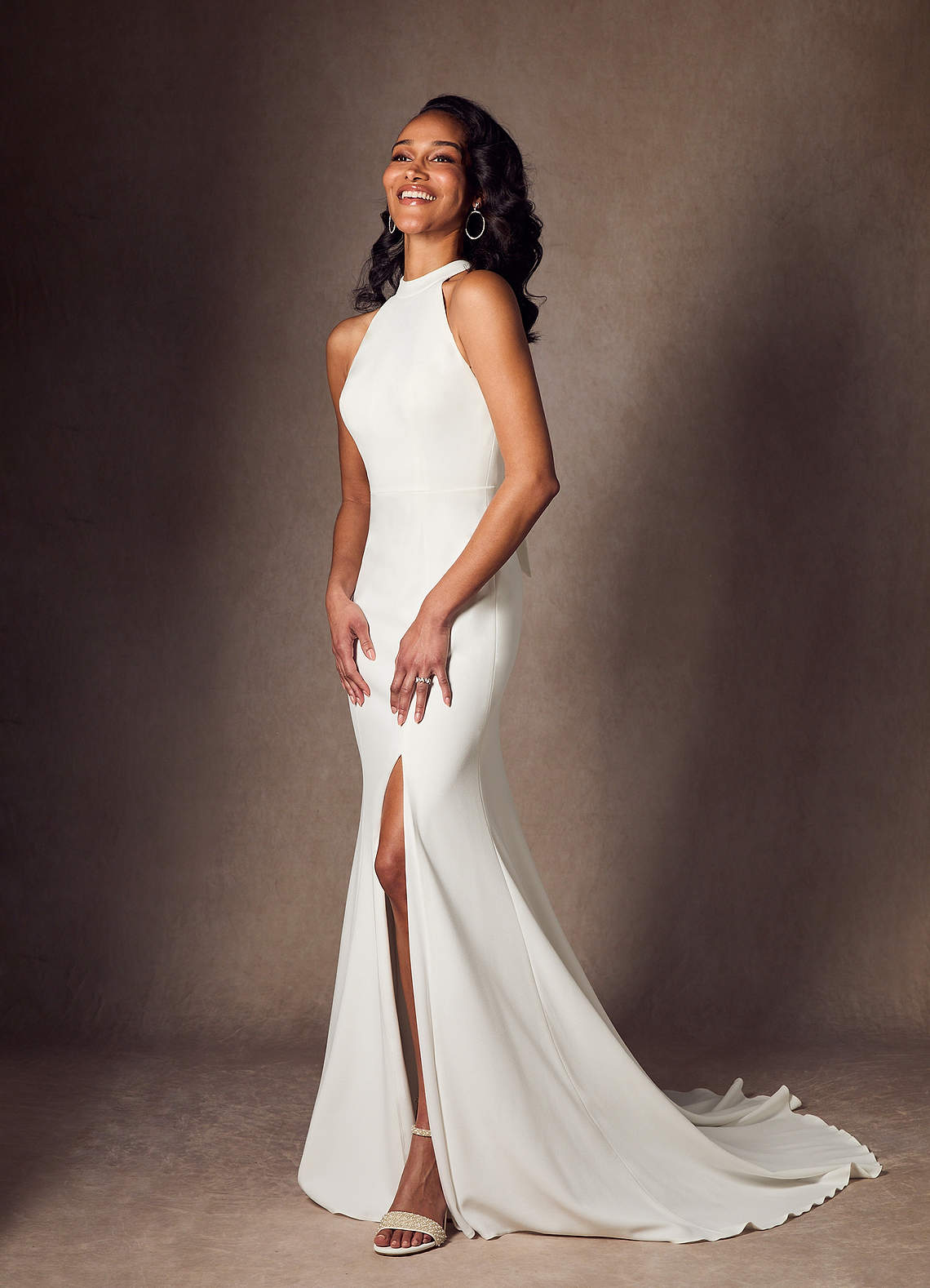 Azazie Aerith At-home Try On Dresses Diamond White Sheath Bow Stretch Crepe Dress image2