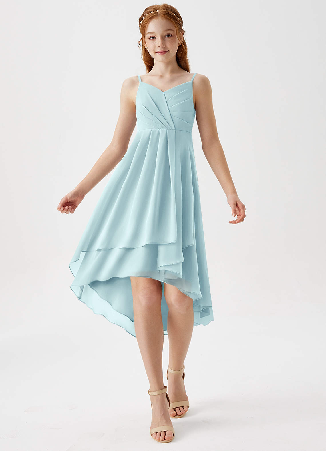 Azazie Mariam Junior Abito A-Line in Chiffon Plissettato Sea Glass image2
