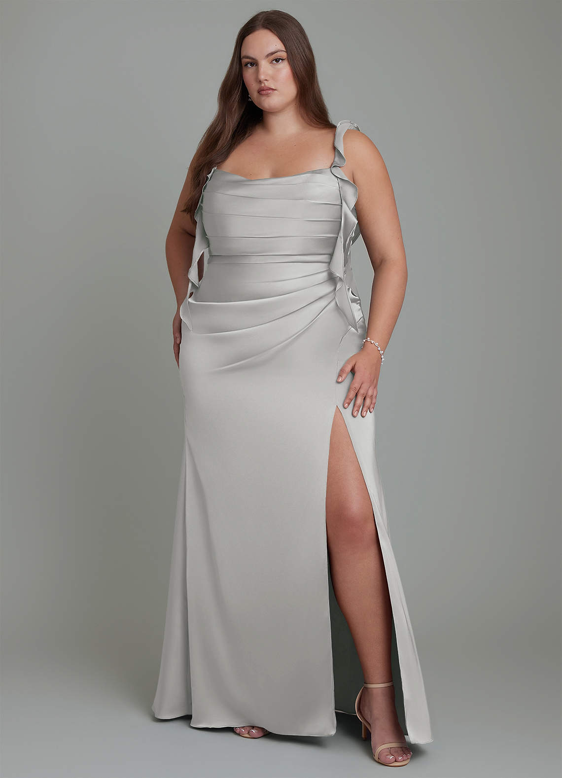 Azazie Jessamine Bridesmaid Dresses Silver Sheath Corset Stretch Satin Dress image7