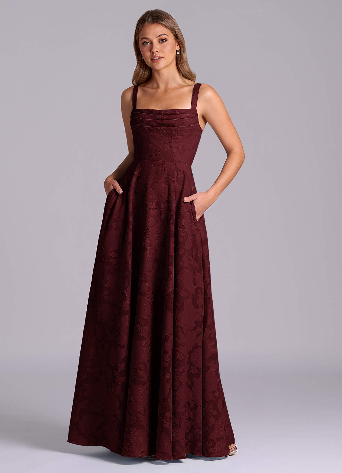 Azazie Shaude Bridesmaid Dresses Cabernet A-Line Pleated Floral Burnout Dress image1