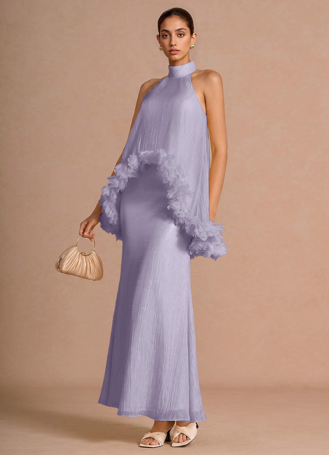 lilac maxi dress with sleeves TFNC Petite chiffon high neck long sleeve maxi dress with tiered hem in lilac