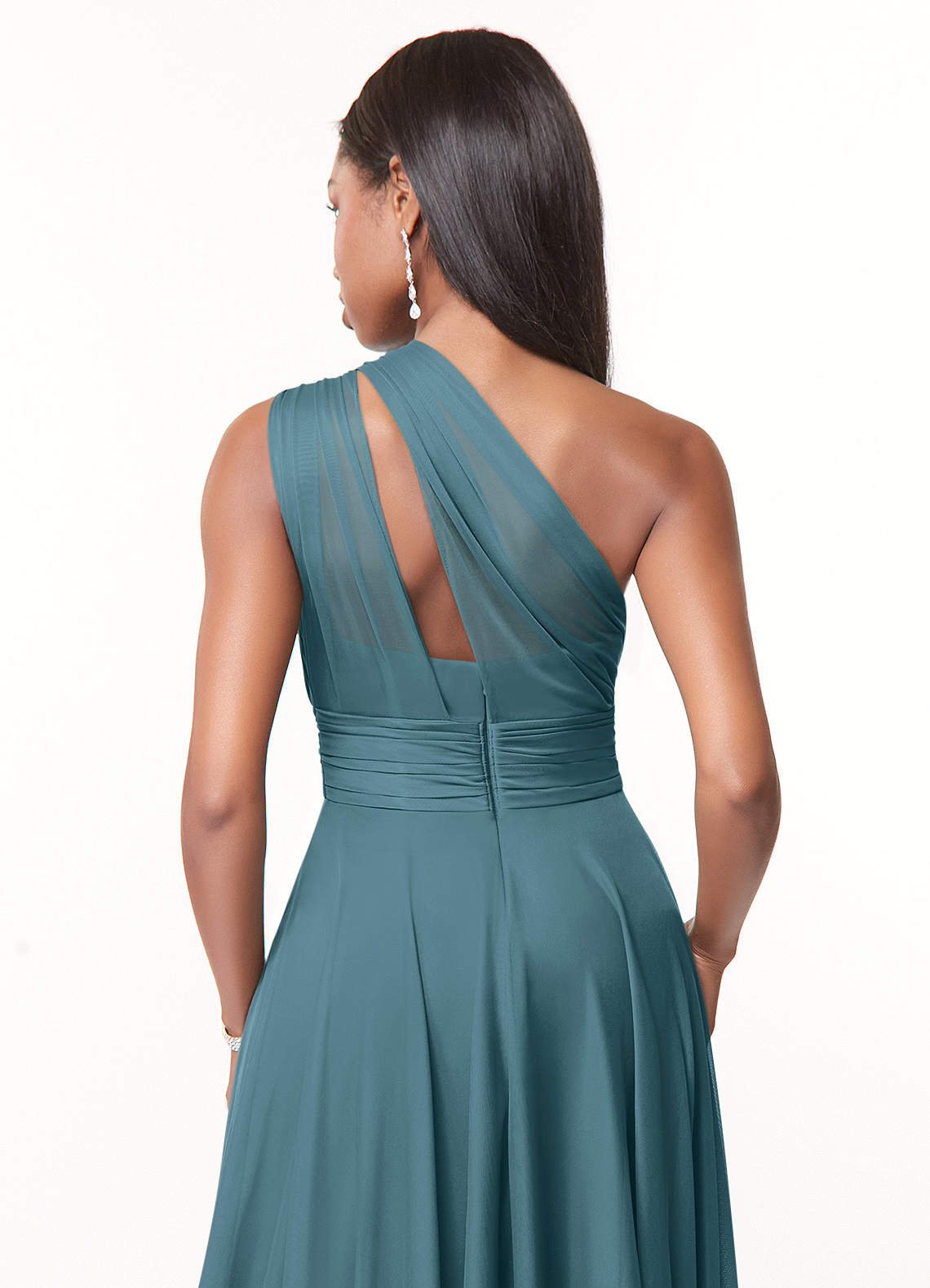 Azazie Charlize Vestidos de damas de honor Vestido de Bermudas de Malla de Corte en A con Hombro unilateral image3