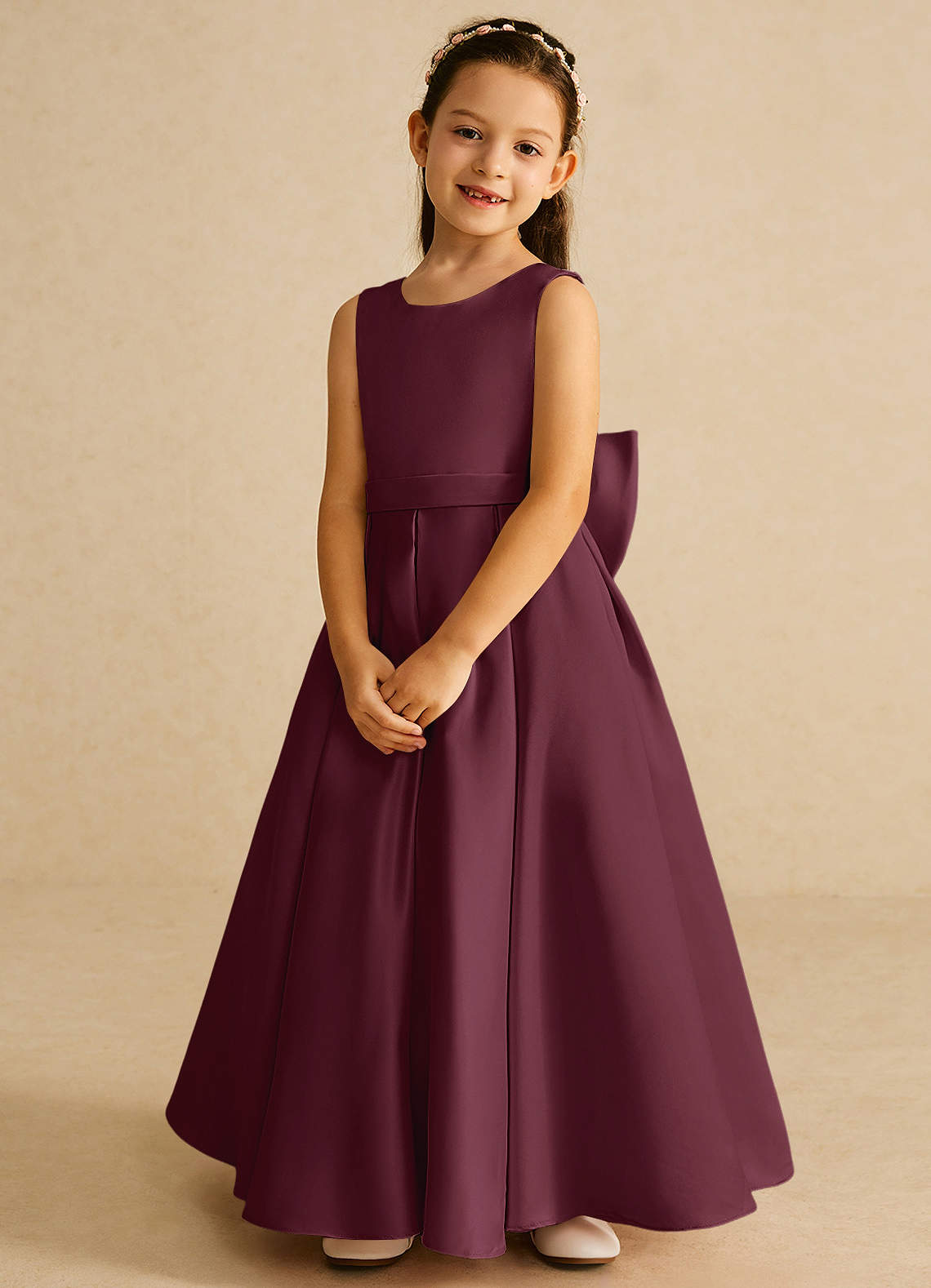 Azazie Pipsy Flower Girl Dresses Cabernet A-Line Bow Matte Satin Dress image3