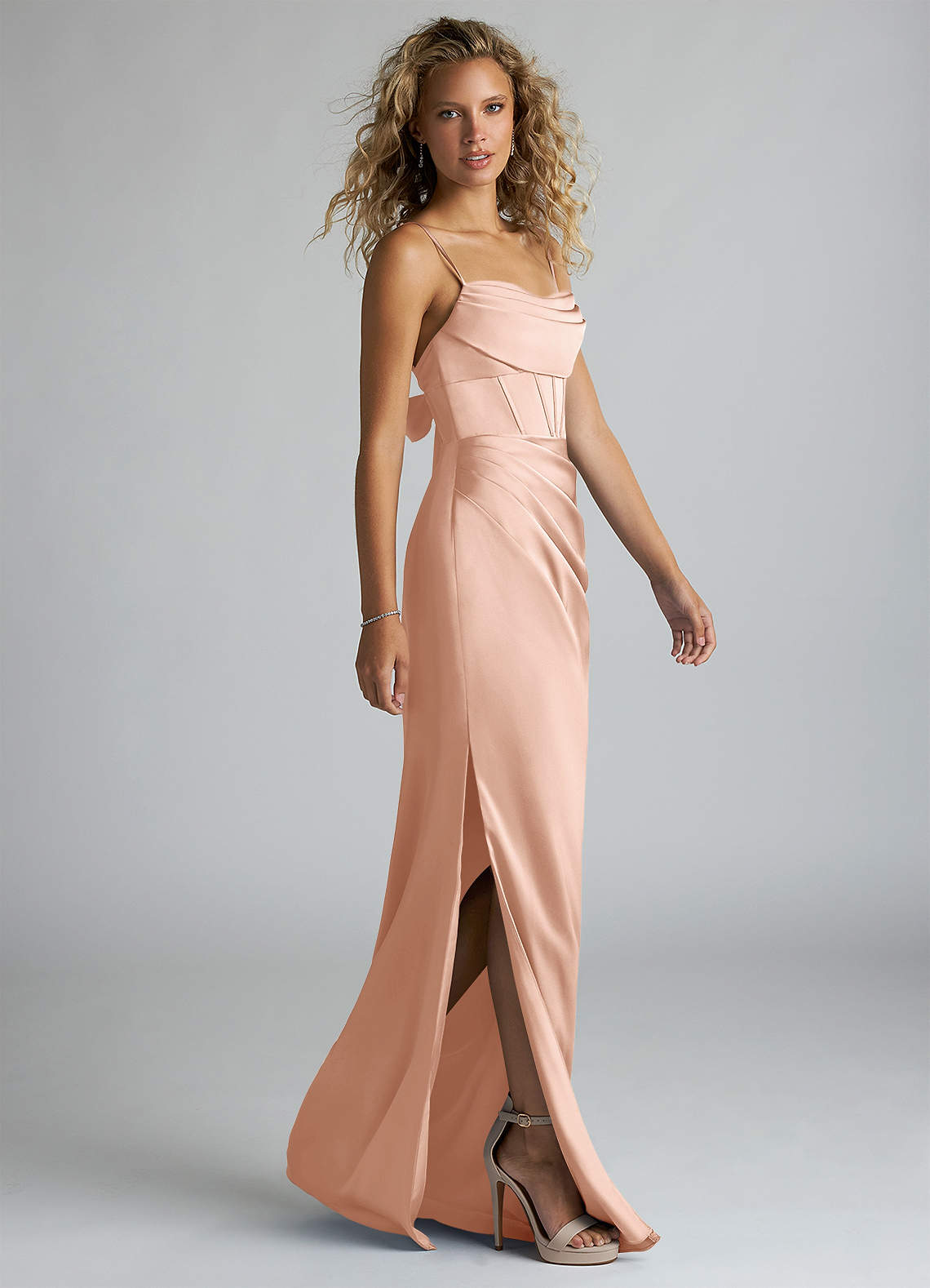 Azazie Sheath Cowl Neck Floor-Length Stretch Satin Bridesmaid Dresses - rose gold