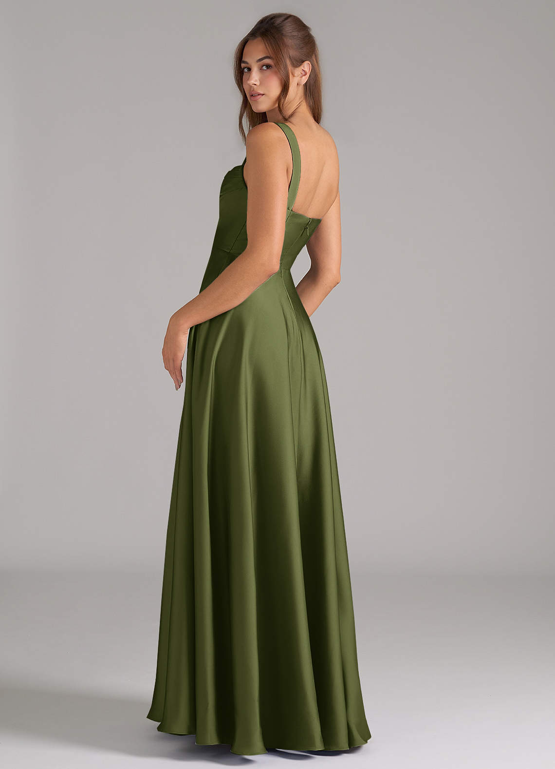 Azazie Shaude Bridesmaid Dresses Olive A-Line Pleated Stretch Satin Dress image6