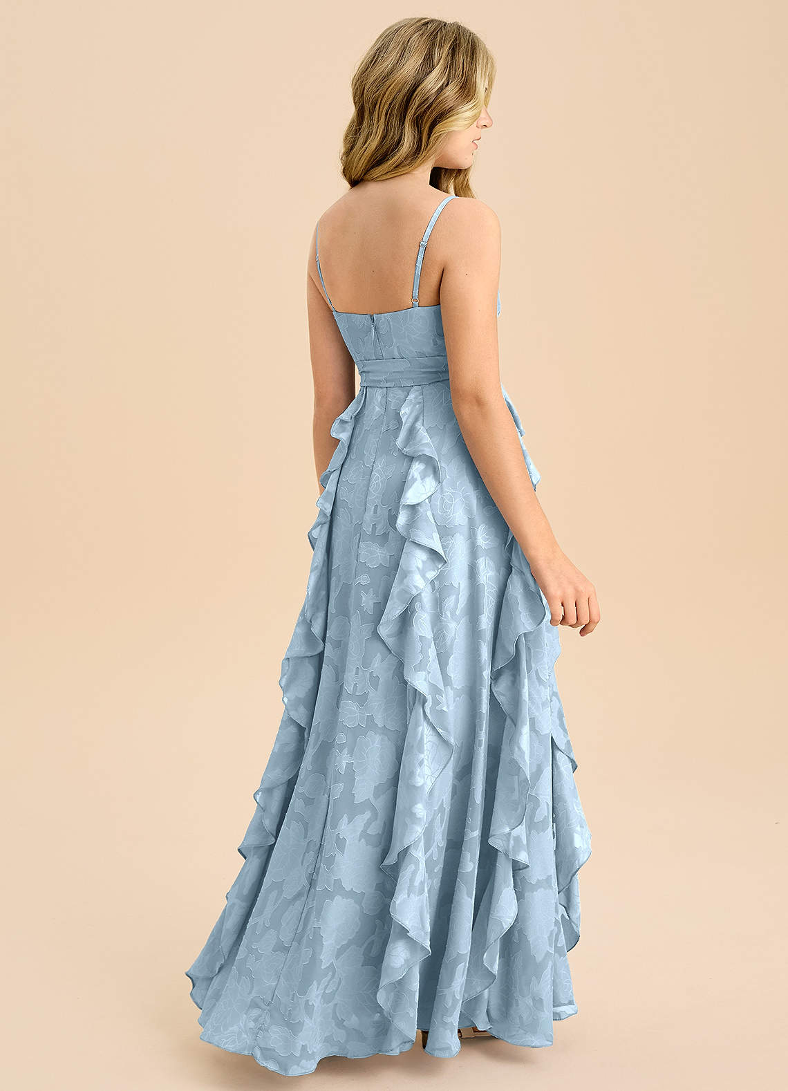 Azazie Peyton Junior Vestido de Azul Cielo de Devorado Floral de Corte en A con Plisado image1