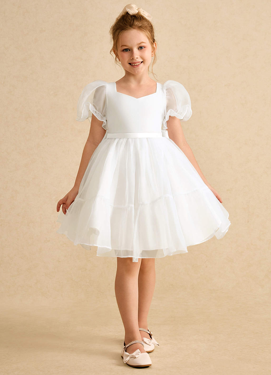 Azazie Debbie Robe Demoiselle D'honneur Fillette Robe Princesse en Organza Encolure en Forme de Cœur Ivoire image7