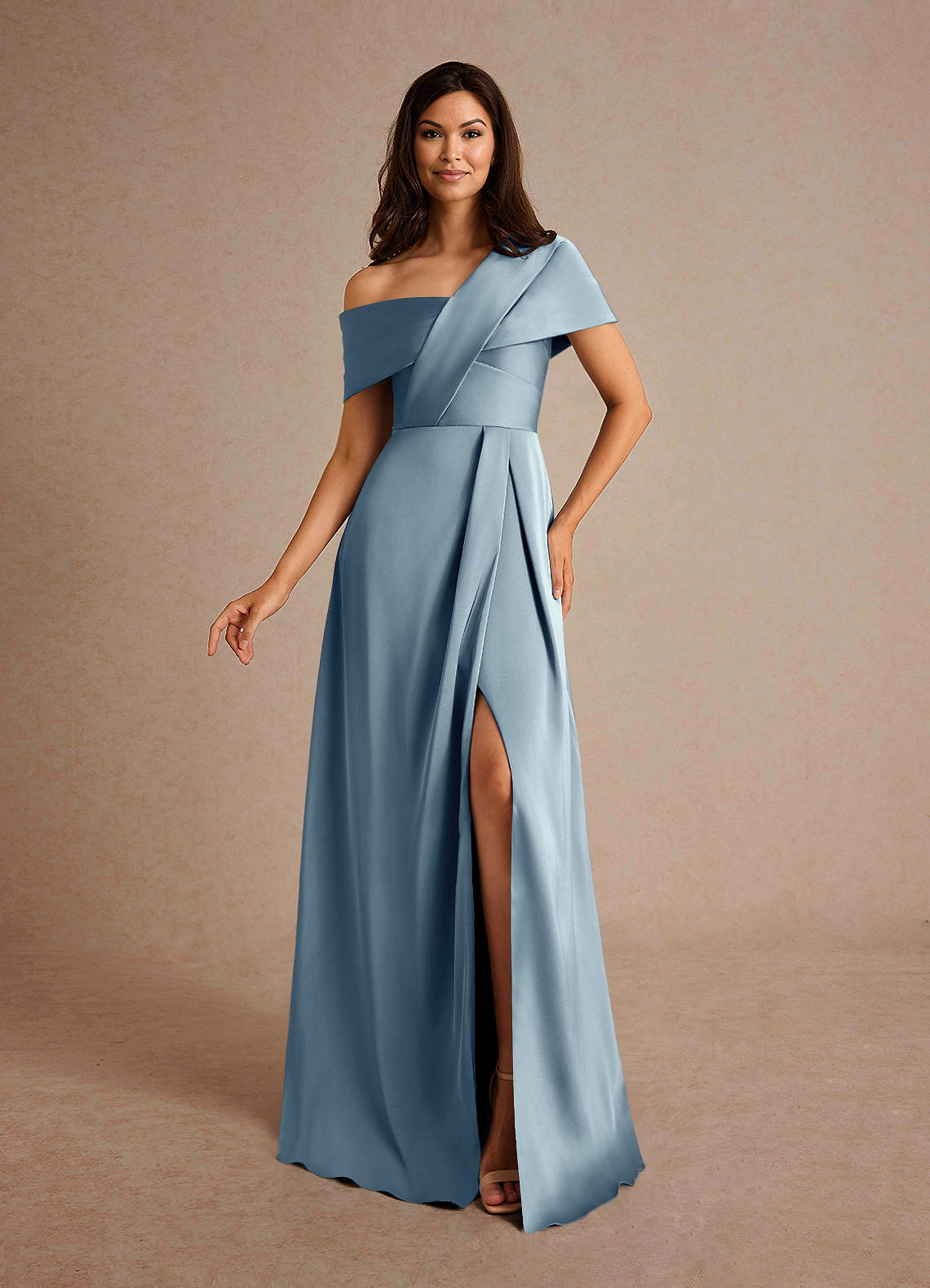 Azazie Milton Mother of the Bride Dresses Dusty Blue A-Line Pleated Stretch Satin Dress image1