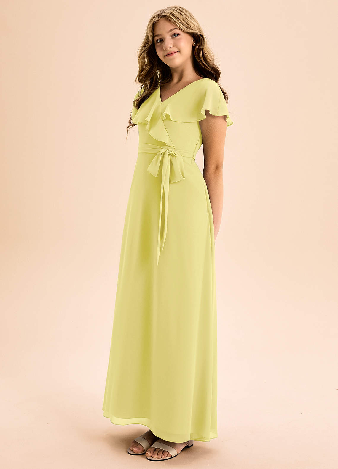 Azazie Lainey Junior Lemon Sorbet A-Line with Pockets Chiffon Dress image1