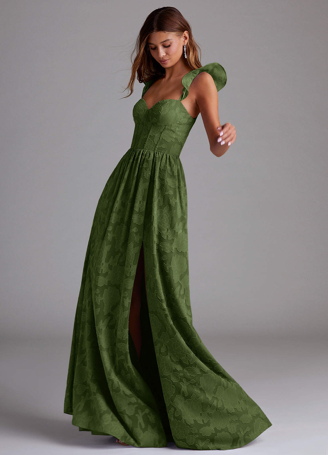 Azazie Denisse Vestidos de madrinha de casamento Vestido Oliva de Esgotamento Floral de Linha A com Ruched image1