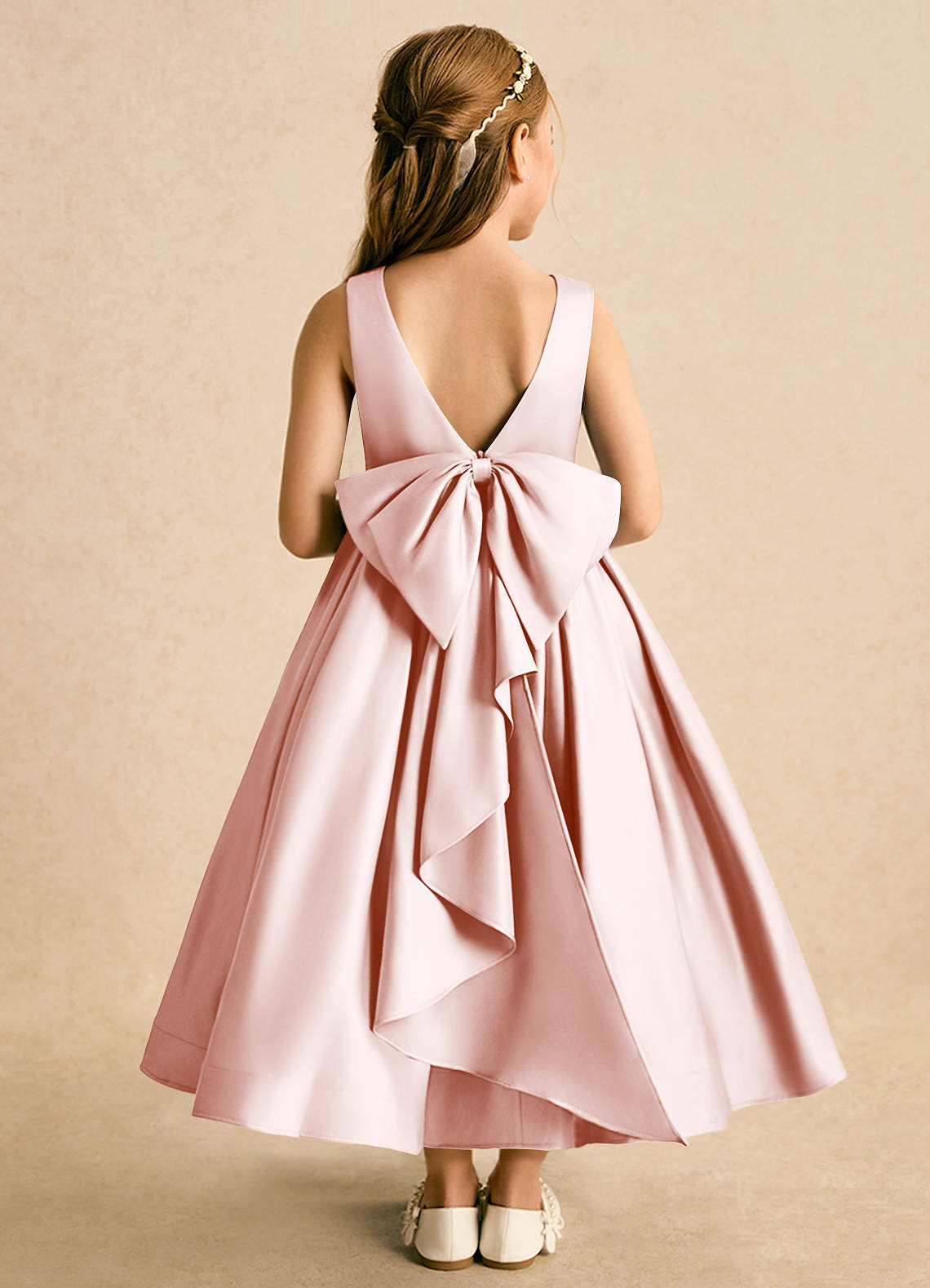 Azazie Cailee Flower Girl Dresses Blushing Pink Ball-Gown Pleated Matte Satin Dress image1