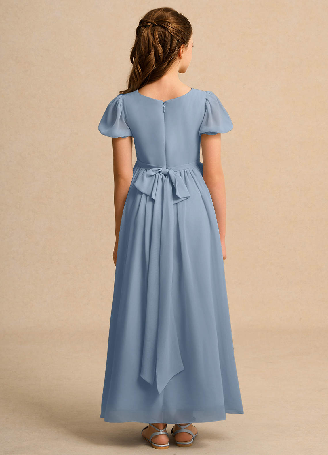 Azazie Lilia Girls Formal Flower Girl Dresses Dusty Blue A-Line with Sleeves Chiffon Dress image1