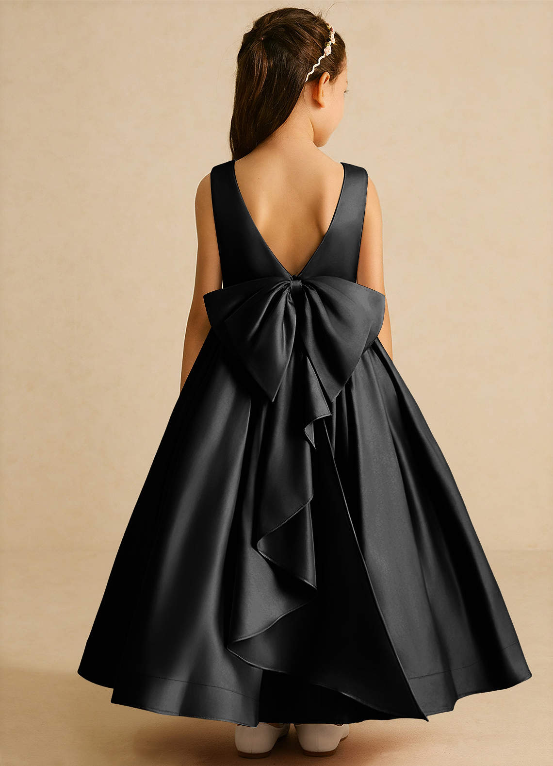 Azazie Cailee Flower Girl Dresses Black Ball-Gown Pleated Matte Satin Dress image1