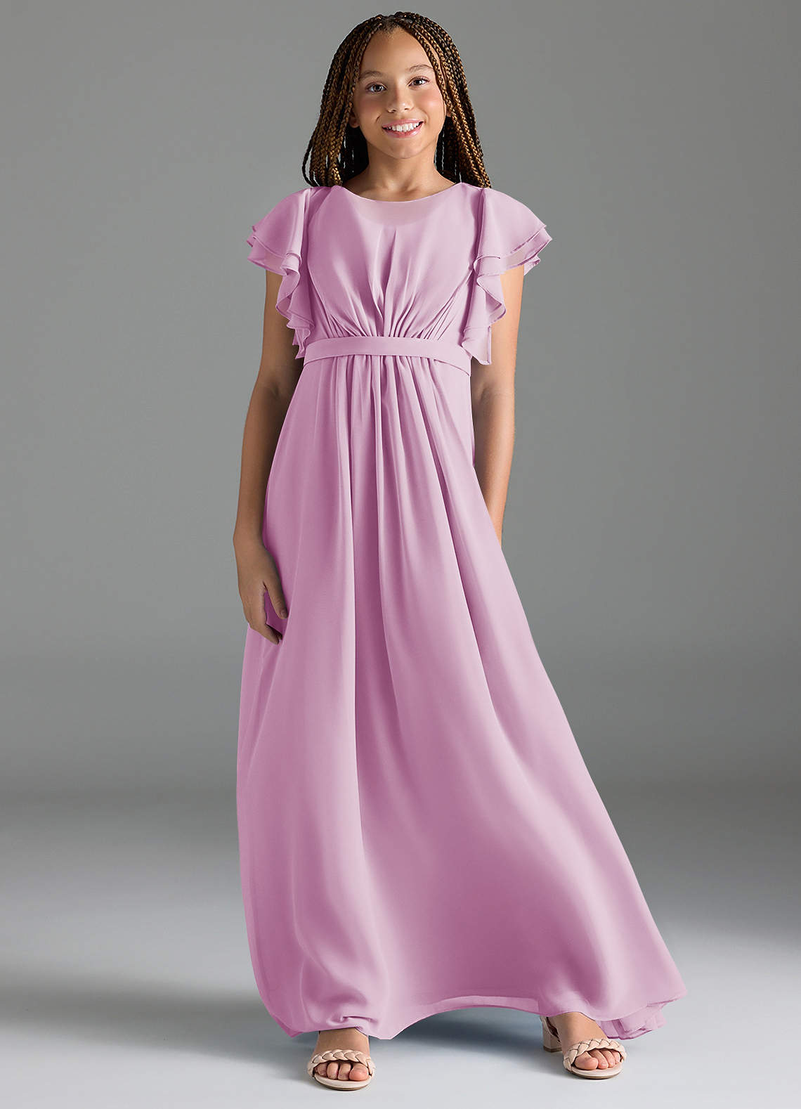 Azazie Daphne Junior Vestido de Rosa Caramelo de Gasa de Corte en A con Plisado image1