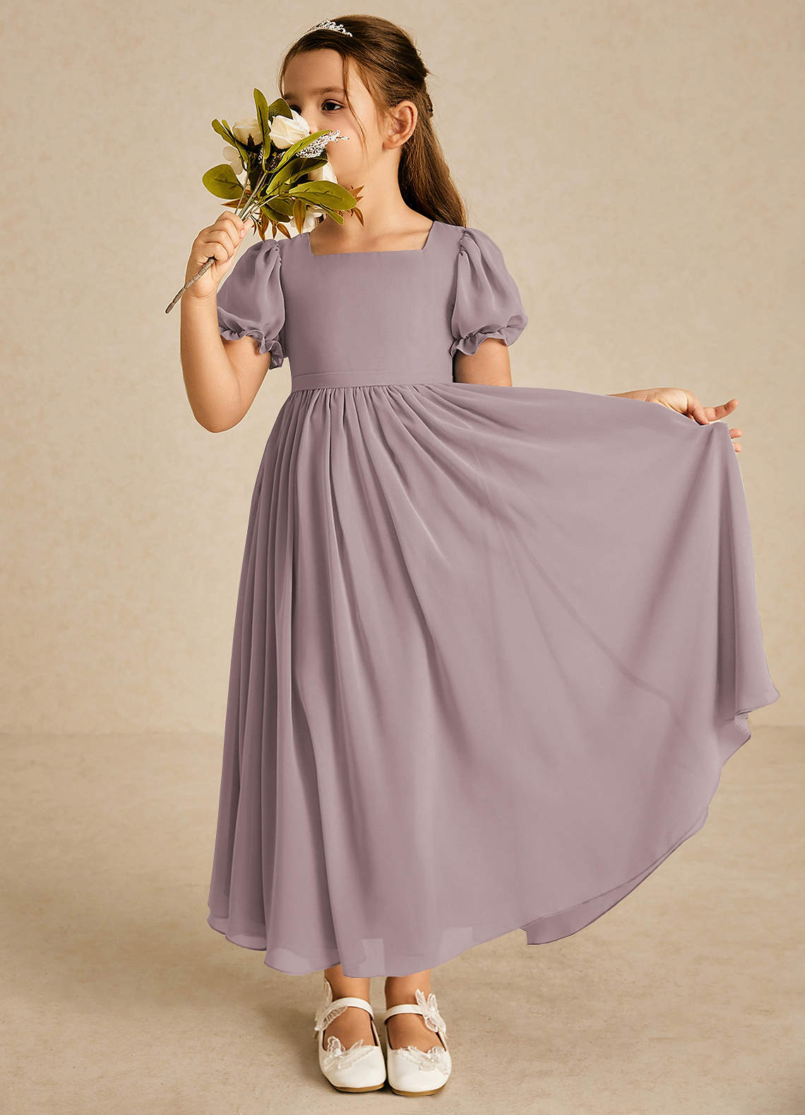 Azazie Joss Blumenmädchenkleider A-Linie mit ärmel Chiffon Kleid Dämmerung image1