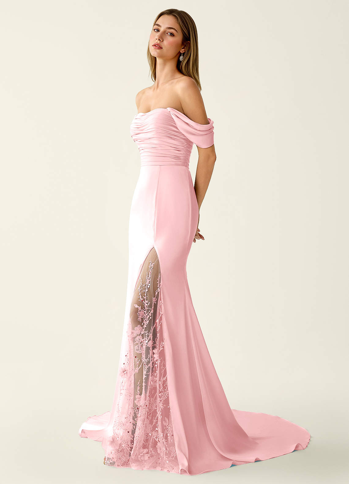 Azazie Light Pink Corset 3D Flowers Off The Shoulder Formal Dress