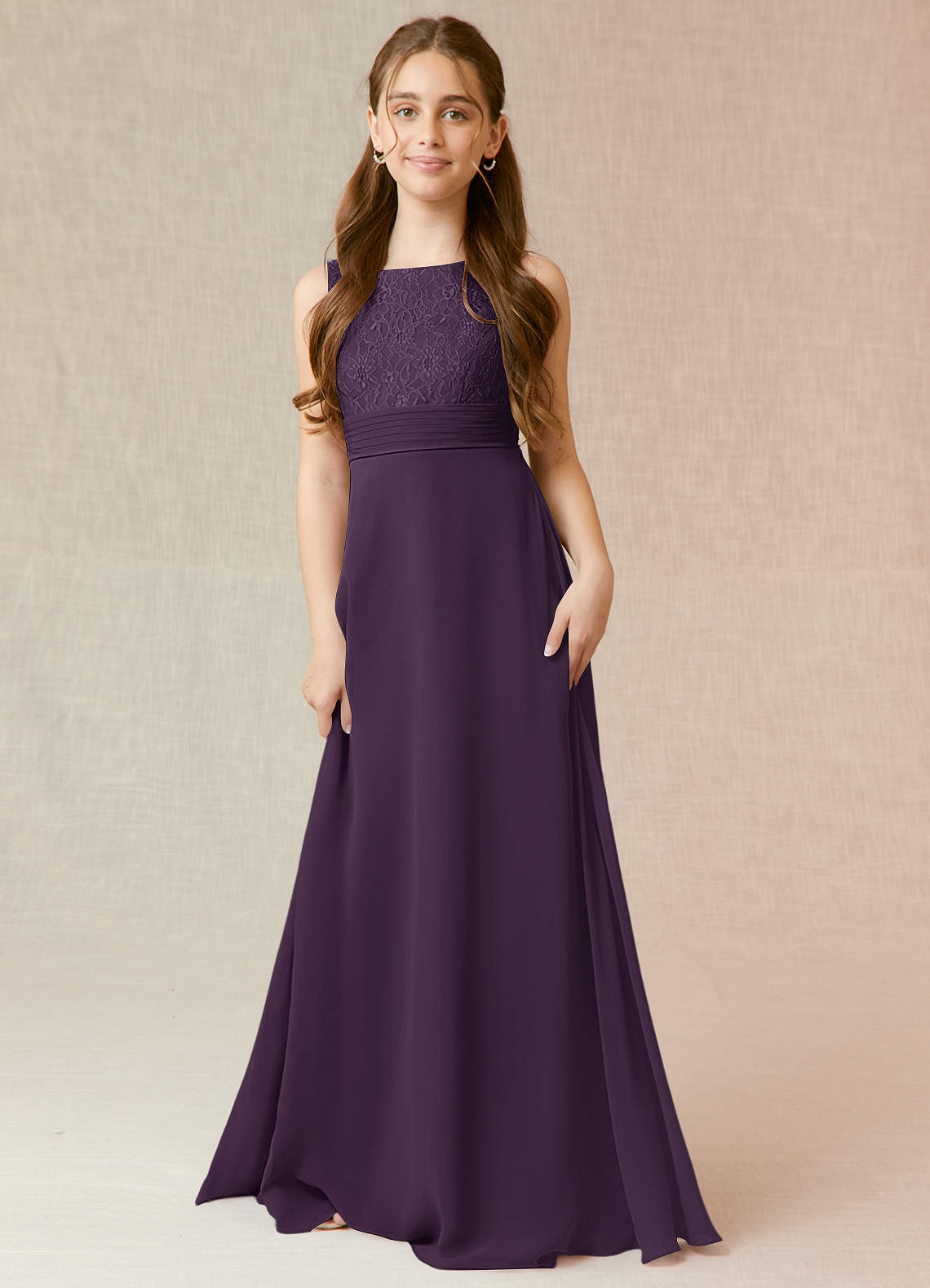 Azazie Snow Junior Plum A-Line Lace Chiffon Dress image1
