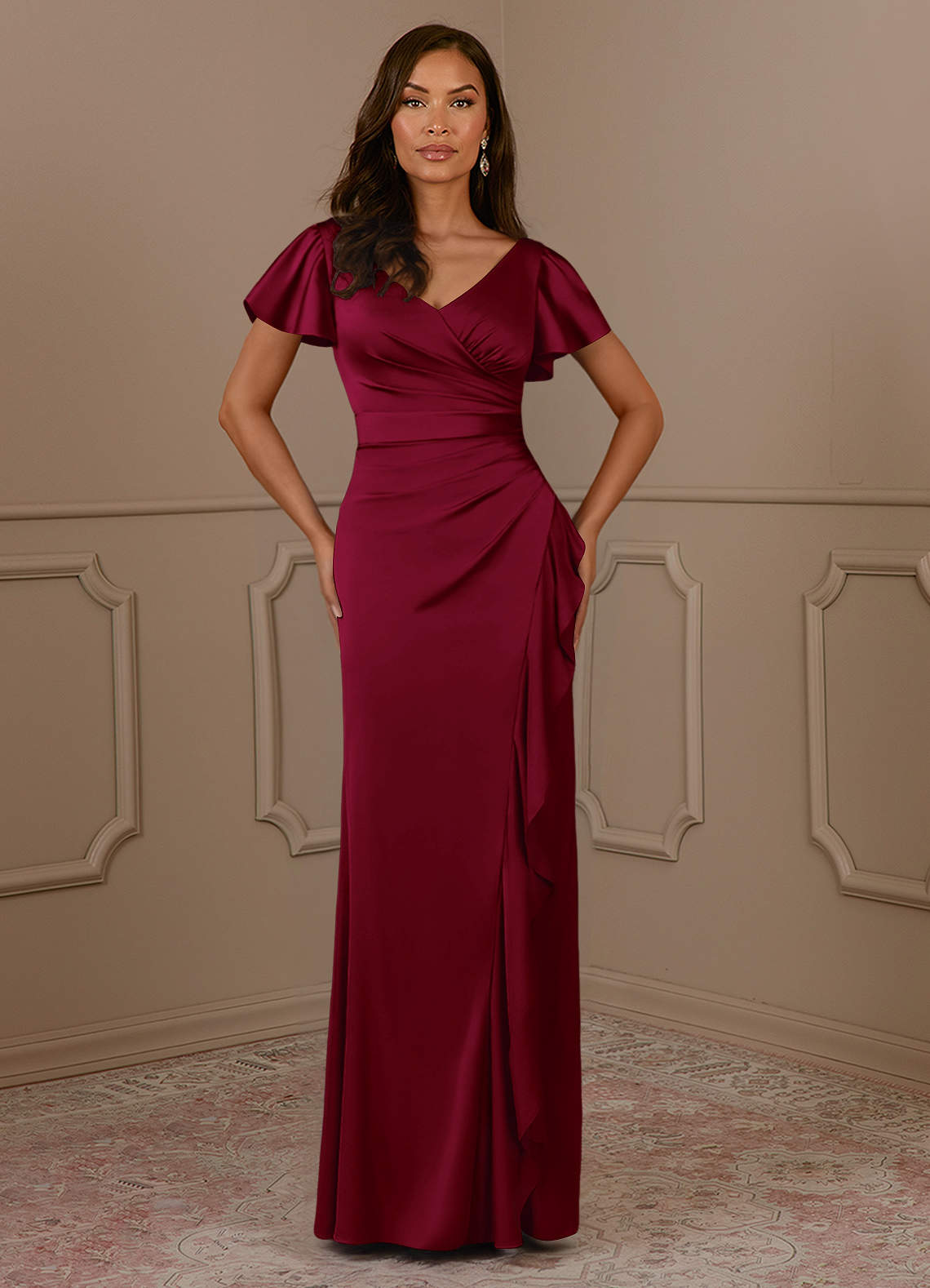 Azazie Roya Kleider für die Brautmutter Meerjungfrau-Linie Plissee mit V-Ausschnitt Stretch-Satin Kleid Burgunderrot image1