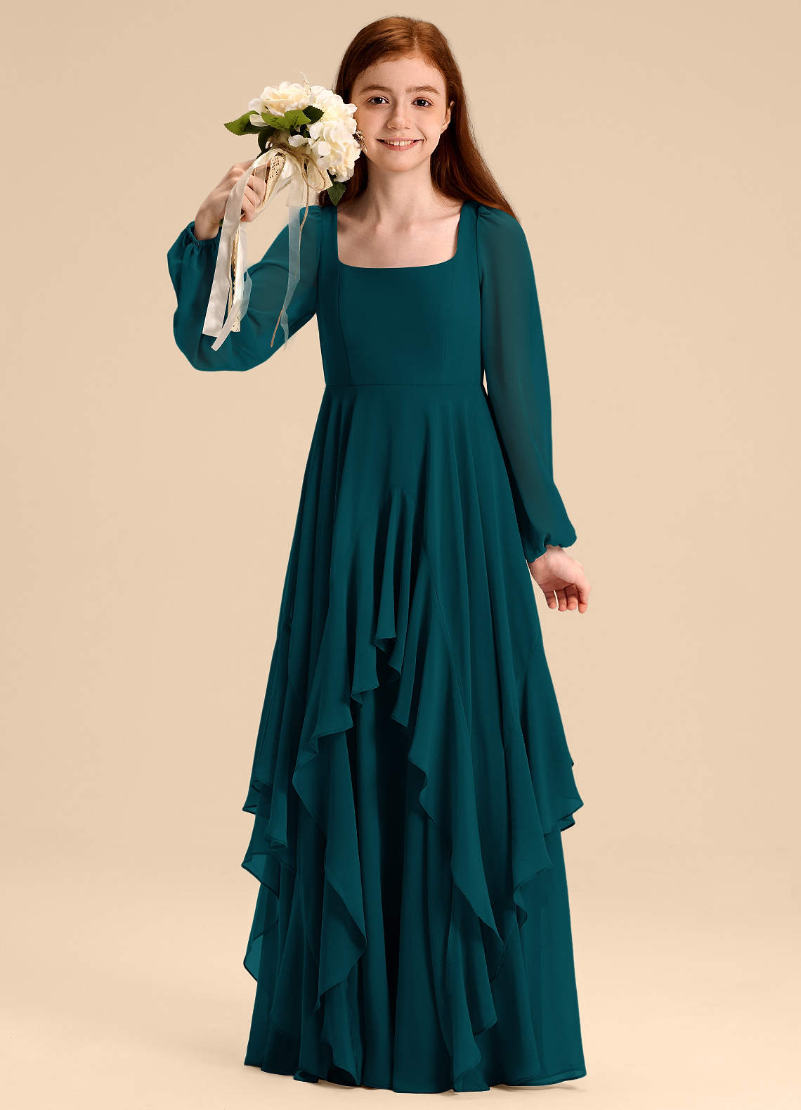 Azazie Clara Junior Pine A-Line Blouson Chiffon Dress image1