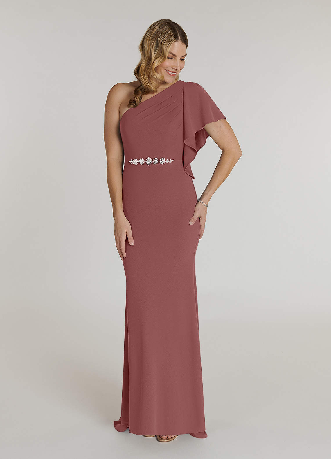 Azazie Pia Mère de la mariée Robes Robe Sirène en Crêpe Élastique Plissée Rose Du Désert image1