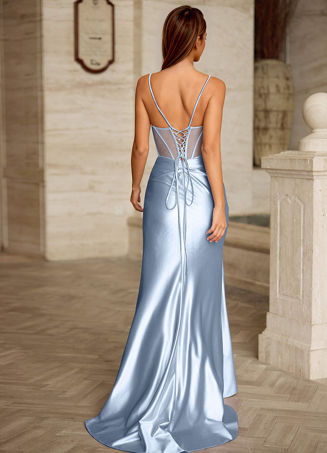 bianca prom dress Bianca Dusty Blue Rhinestone Cutout Corset Satin Prom Dress